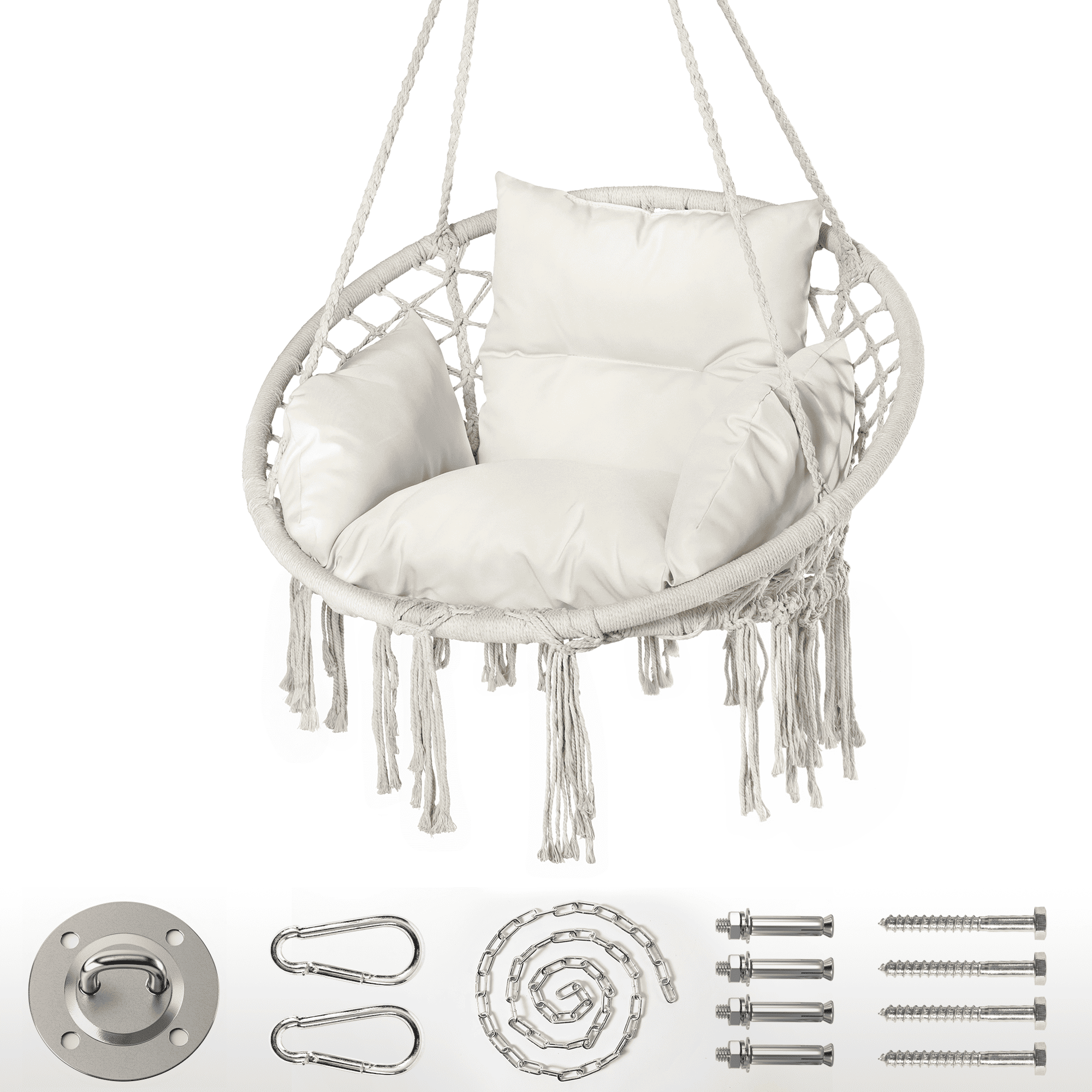 Cozy white hammock chair hanging on a porch – relaxing outdoor seating option