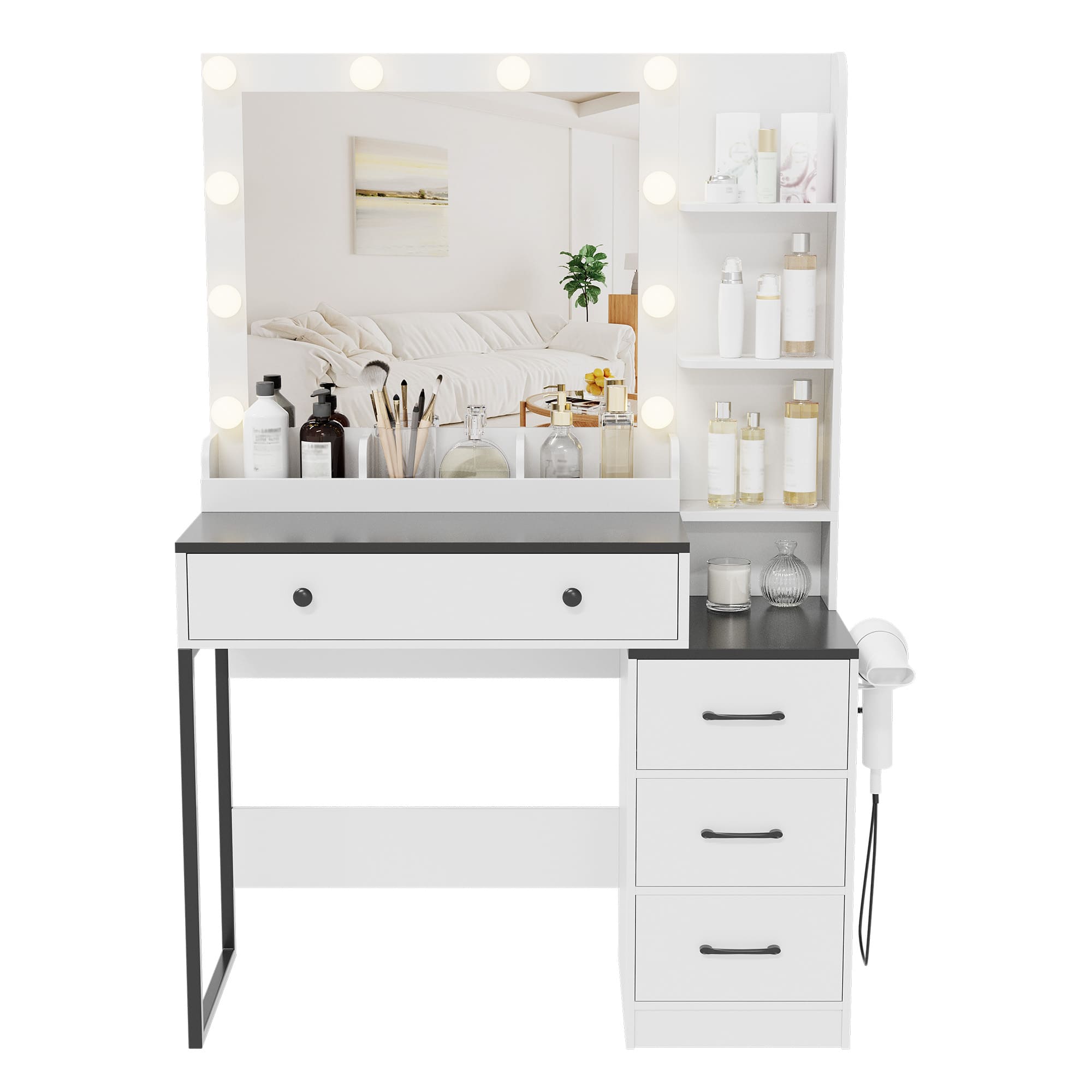 56.5" Makeup Vanity Desk with Mirror and Lights, Vanity Table Set with Charging Station, Makeup Vanity Desk with 4 Drawers and 3 Storage Shelves, 3 Lighting Colors