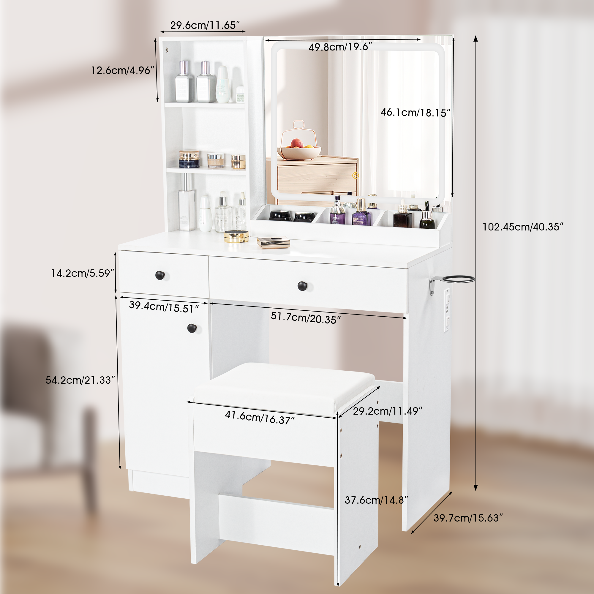 LHBcraft Vanity Desk Set with LED Lighted Mirror & Power Outlet