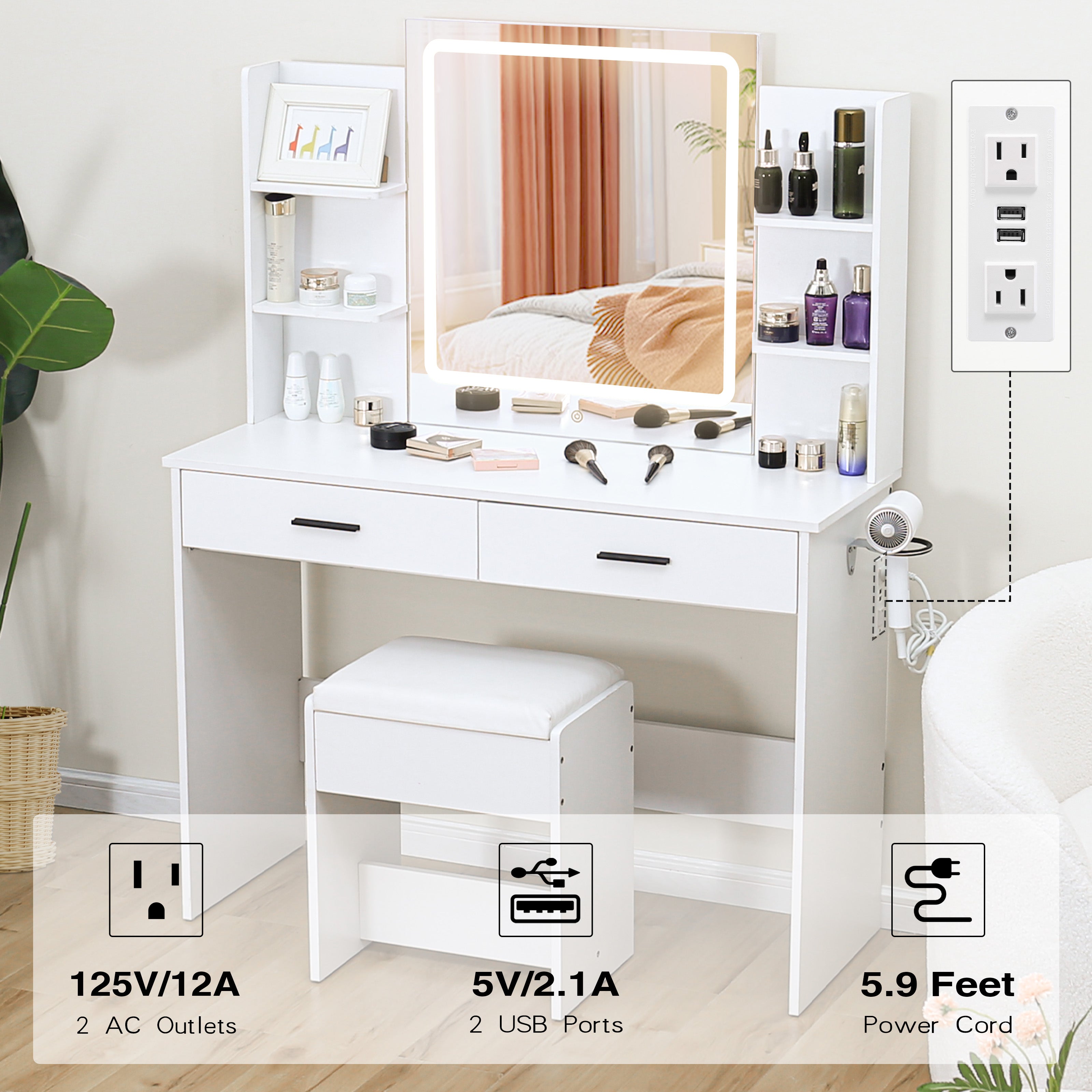 LHBcraft Vanity Desk Set with LED Lighted Mirror & Charging Station