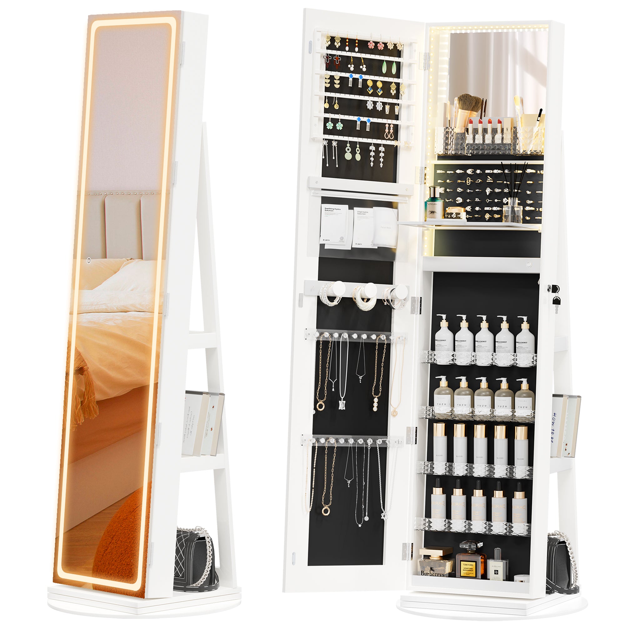 LHBcraft LED Mirror Jewelry Cabinet Standing with Adjustable LED Lights