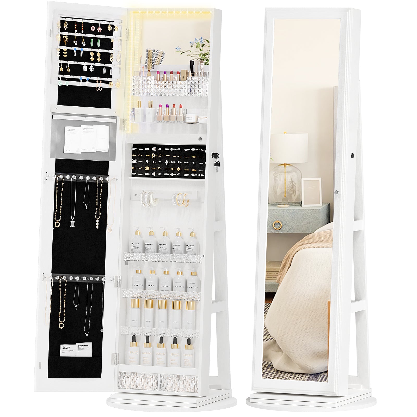 Jewelry Cabinet with Full-Length Mirror with Inside Makeup Mirror, 360° Swivel, Lockable