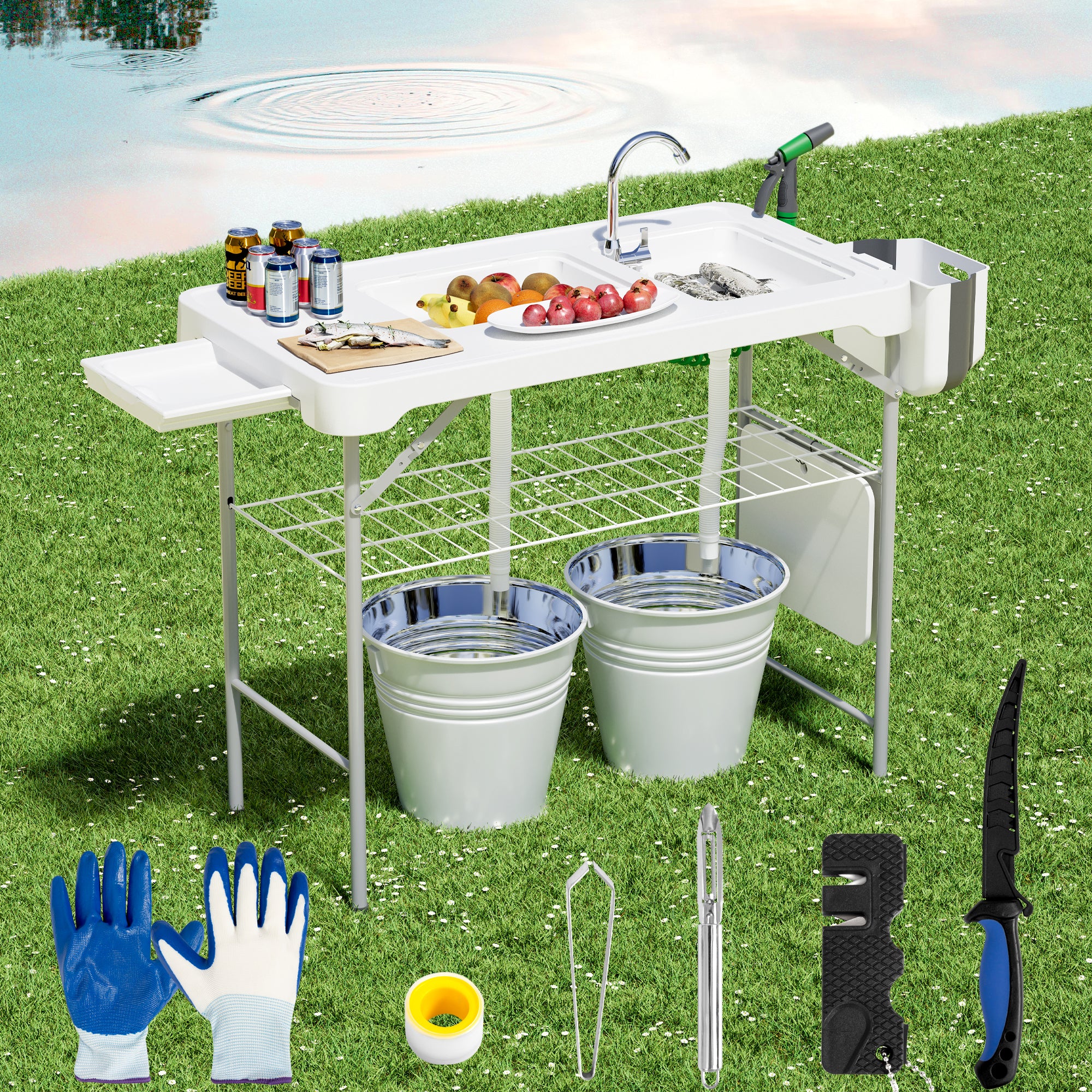 LHBcraft Portable Fish Cleaning Table with Deep Sinks & Sprayer