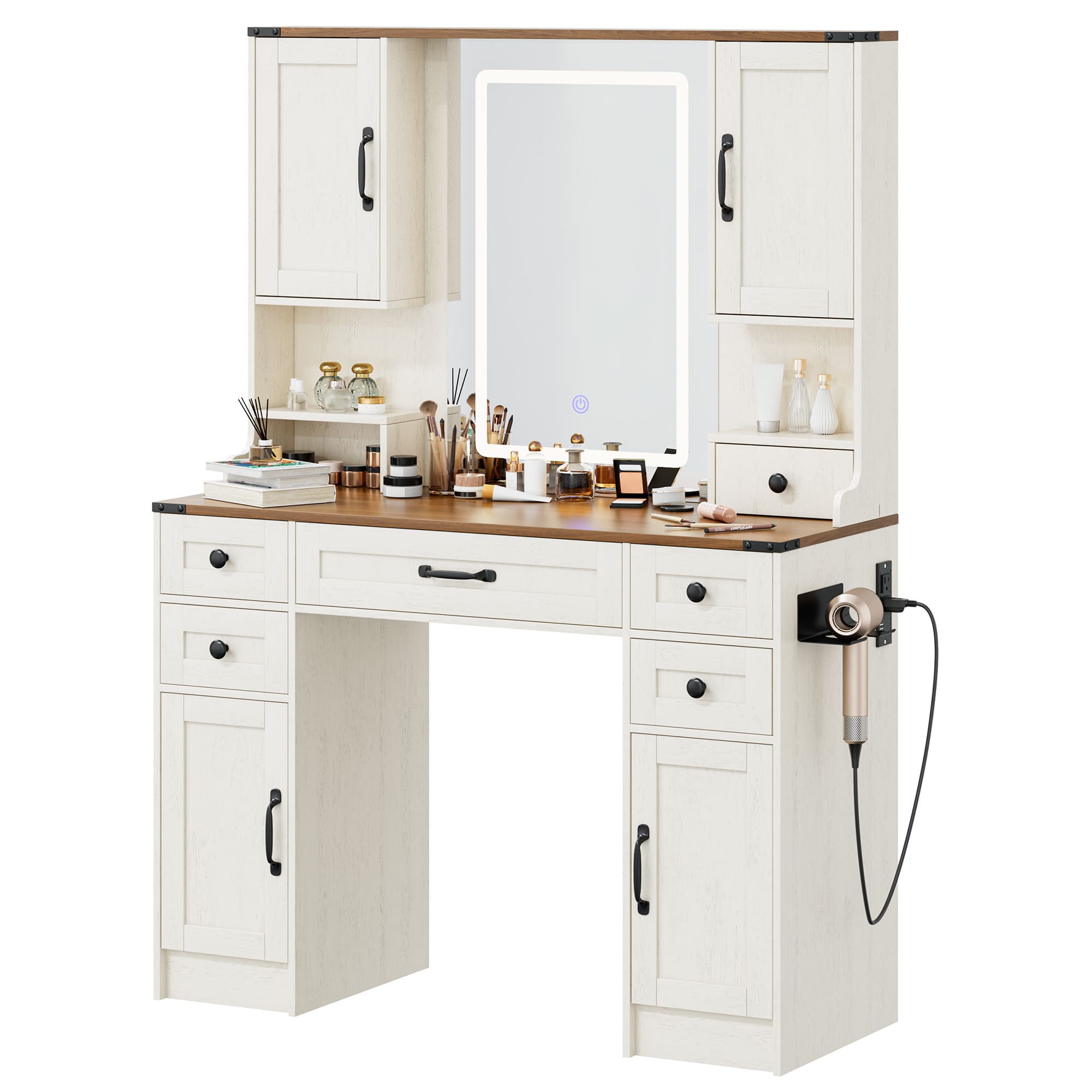 Modern Vanity Desk with Tri-Color LED Mirror, Charging Station & Stora RIWENGO Modern Vanity Desk with Tri-Color LED Mirror, Charging Station & Stora RIWENGO