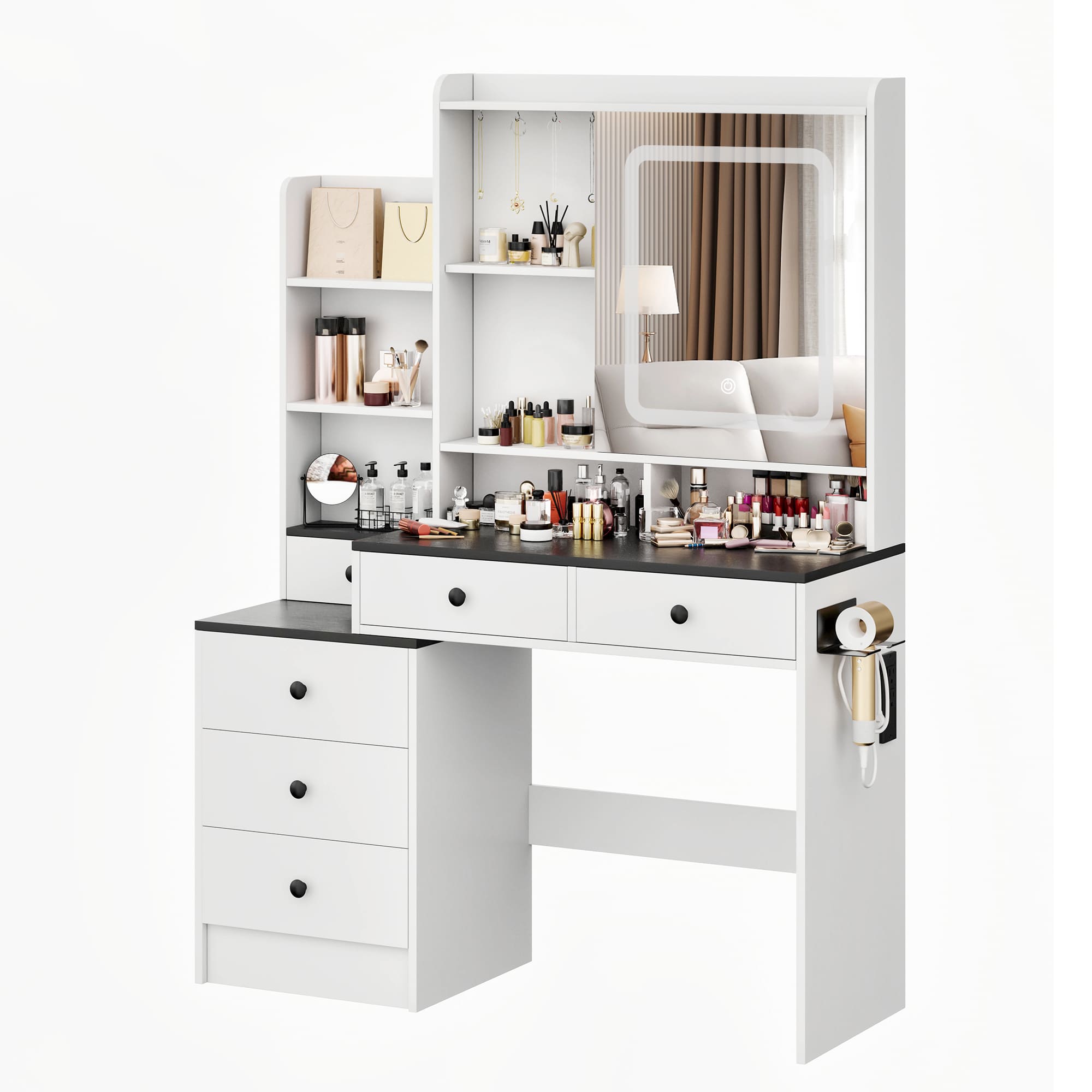 59.06" Tall Farmhouse Makeup Vanity Desk with Mirror and Lights, Vanity Table Set with Charging Station, Vanity Desk with 3 Drawers and 1 Big Cabinet for Bedroom Desk with 4 Drawers and 3 Storage Shelves, 3 Lighting Colors (Copy)