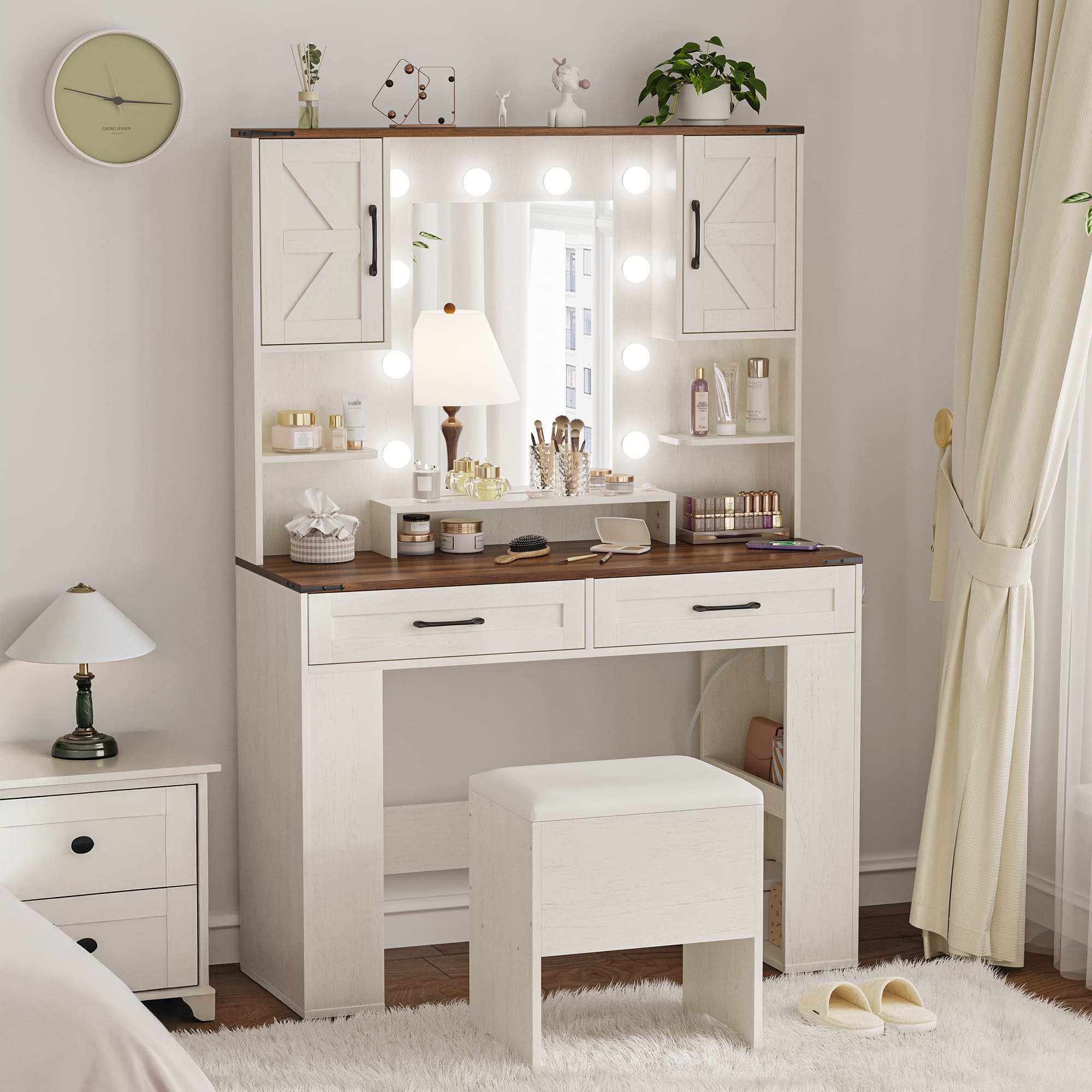 Makeup Vanity with Lighted Mirror Bedroom Vanity Desk with Charging Station Large Vanity Set with Transparent Desk, Drawers, Cabinet, Shelves for Storage in Bedroom