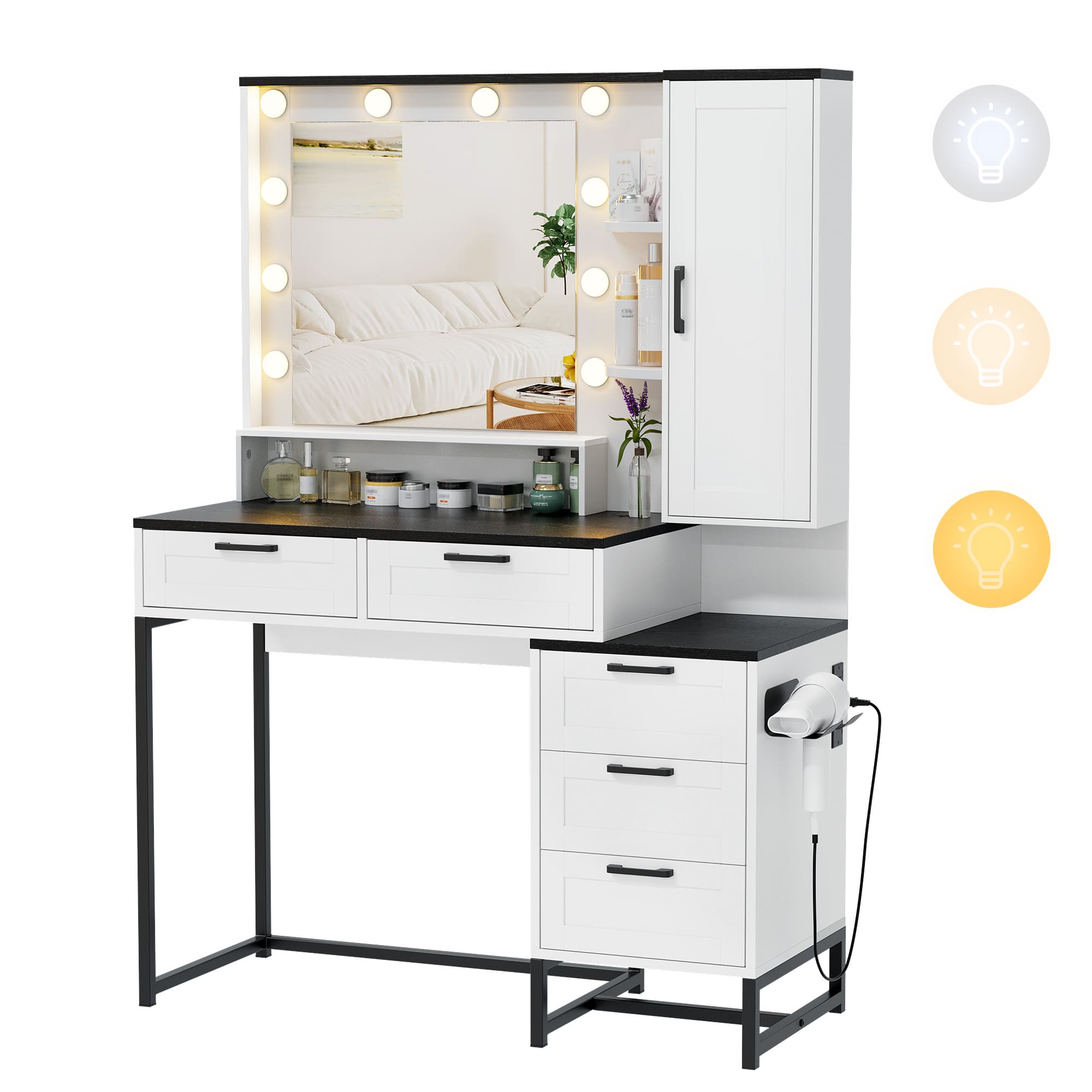 Vanity Desk with Large Mirror and Lights, Makeup Vanity with Charging Station, 5 Large Drawers & 4 Storage, 3 Lighting Color Adjustable, Dressing Table Set for Bedroom