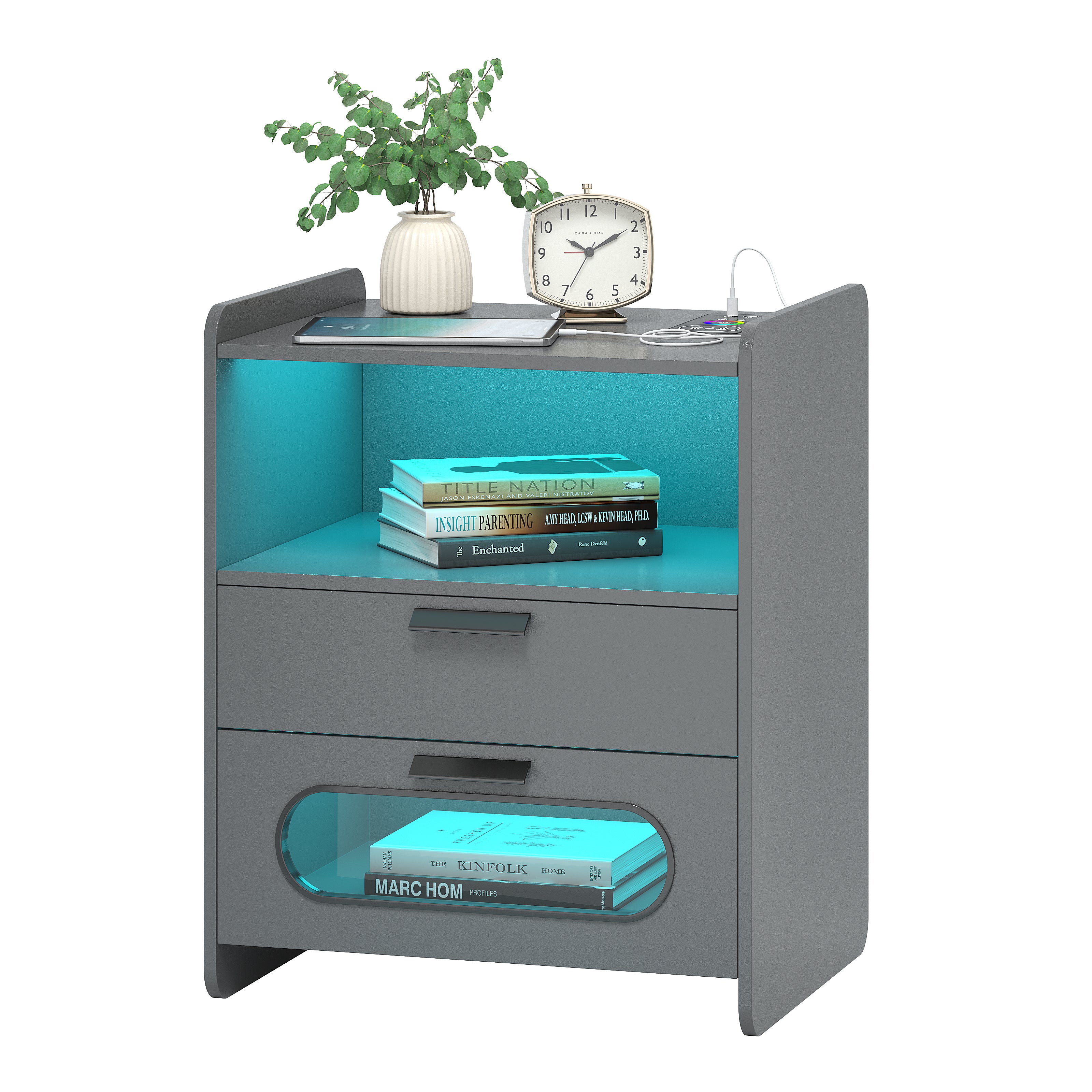 Nightstand with Wireless Charging Station, 24 Color LED Lights