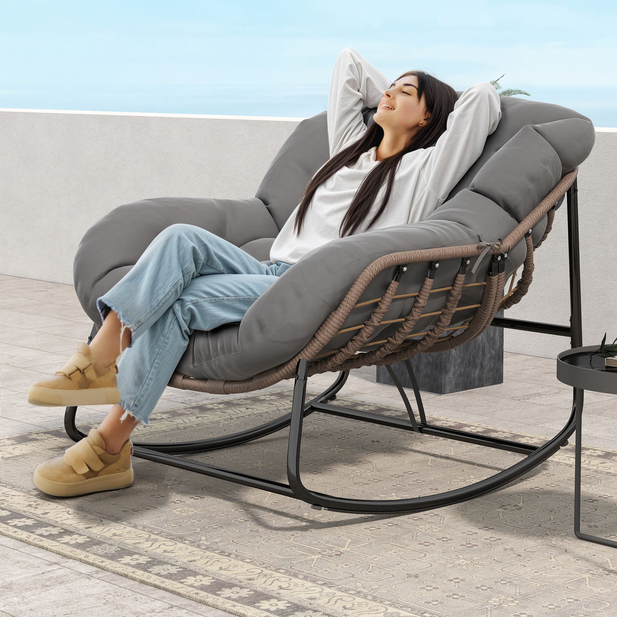 Oversized egg rocking chair with cushion for indoor and outdoor use