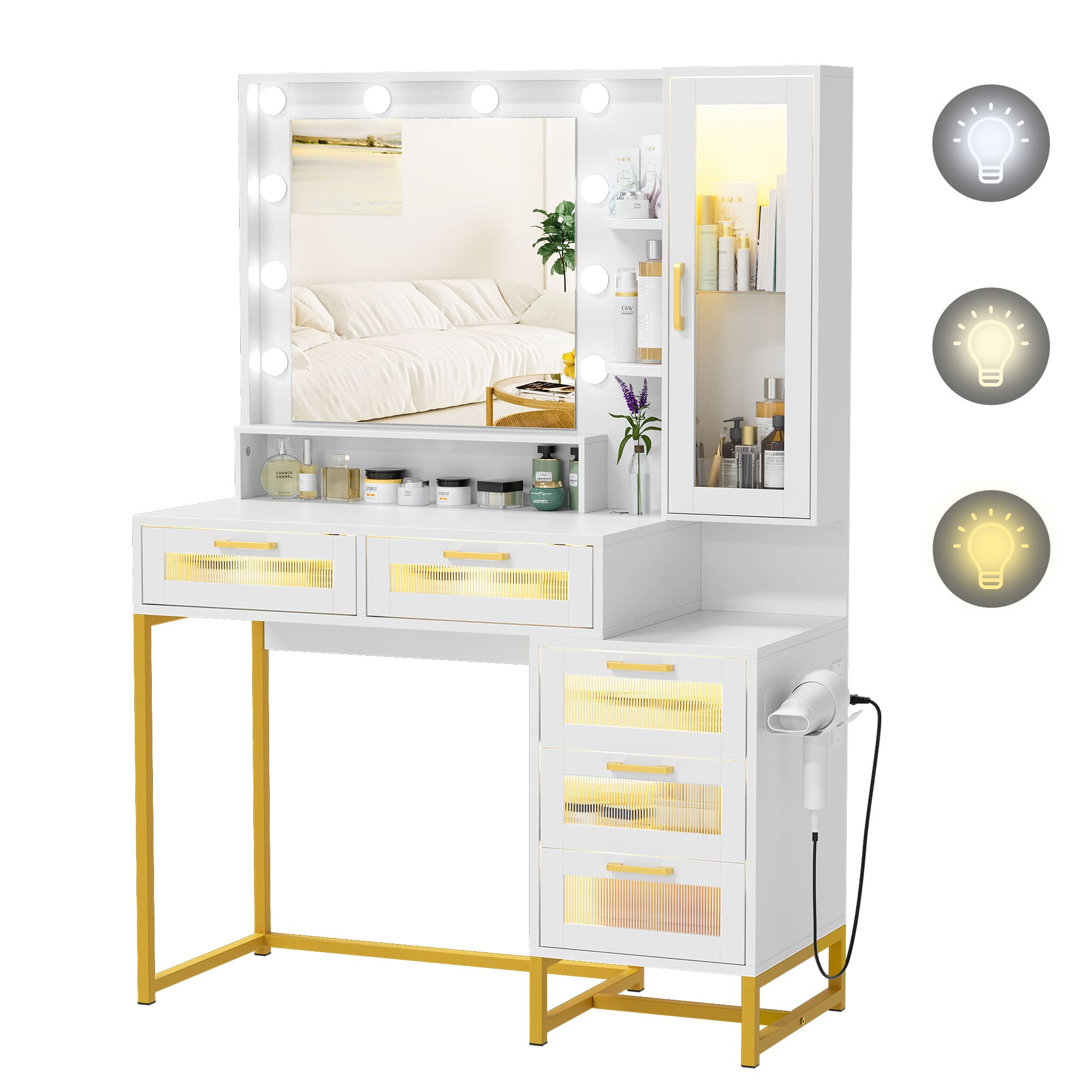 Vanity Desk with Large Mirror and Lights, Makeup Vanity with Charging Station, 5 Large Drawers & 4 Storage, 3 Lighting Color Adjustable, Dressing Table Set for Bedroom