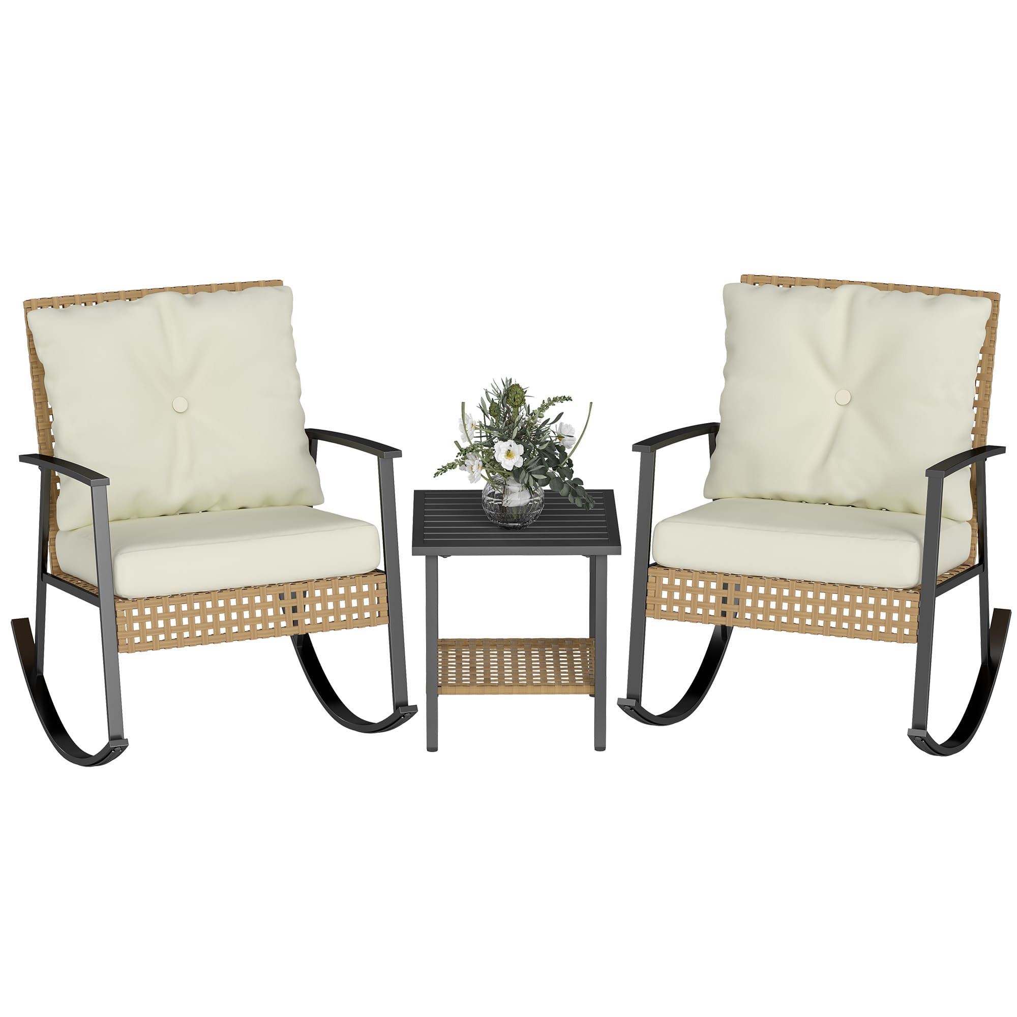 3-piece patio rocking chair set with cushions and coffee table