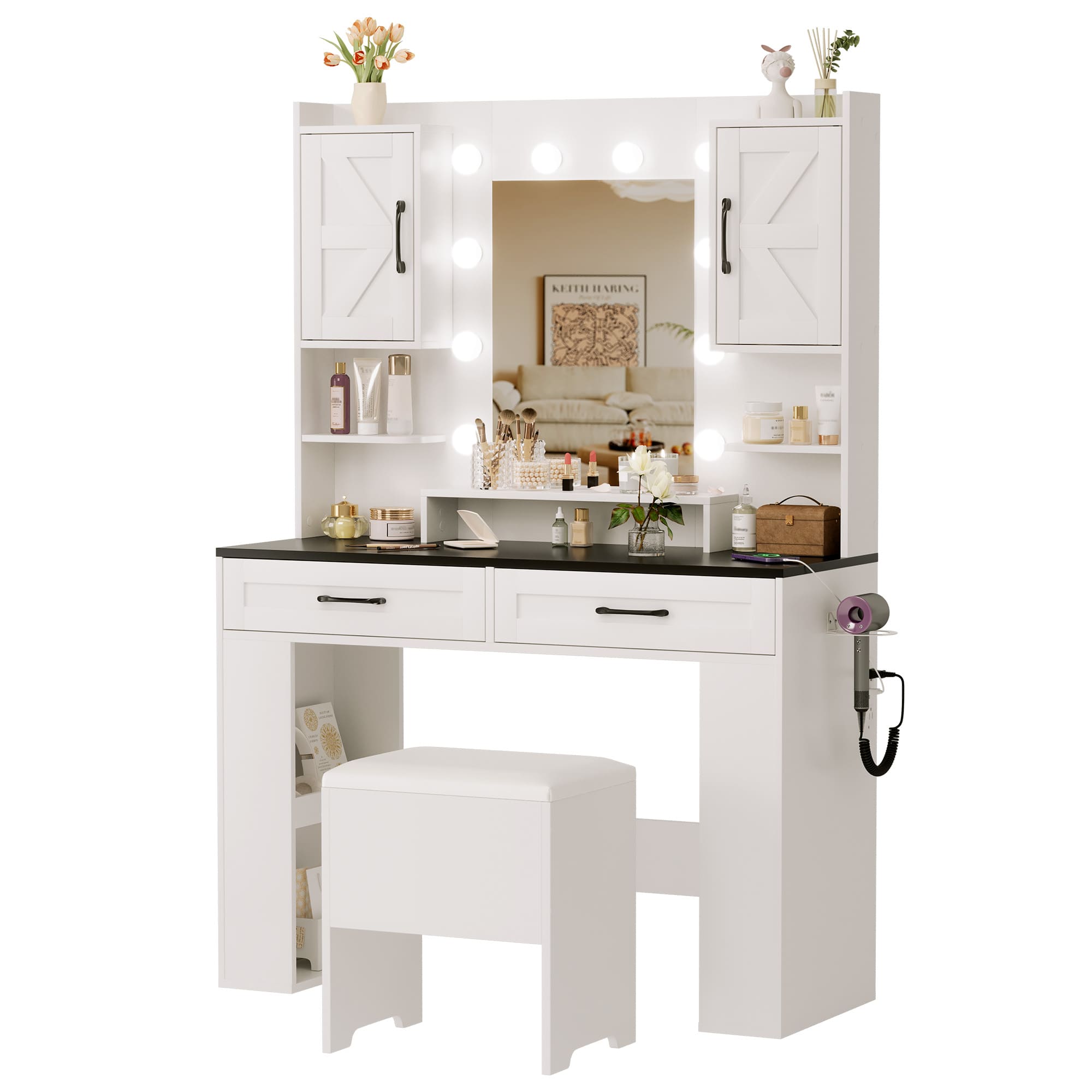 Makeup Vanity with Lighted Mirror Bedroom Vanity Desk with Charging Station Large Vanity Set with Transparent Desk, Drawers, Cabinet, Shelves for Storage in Bedroom