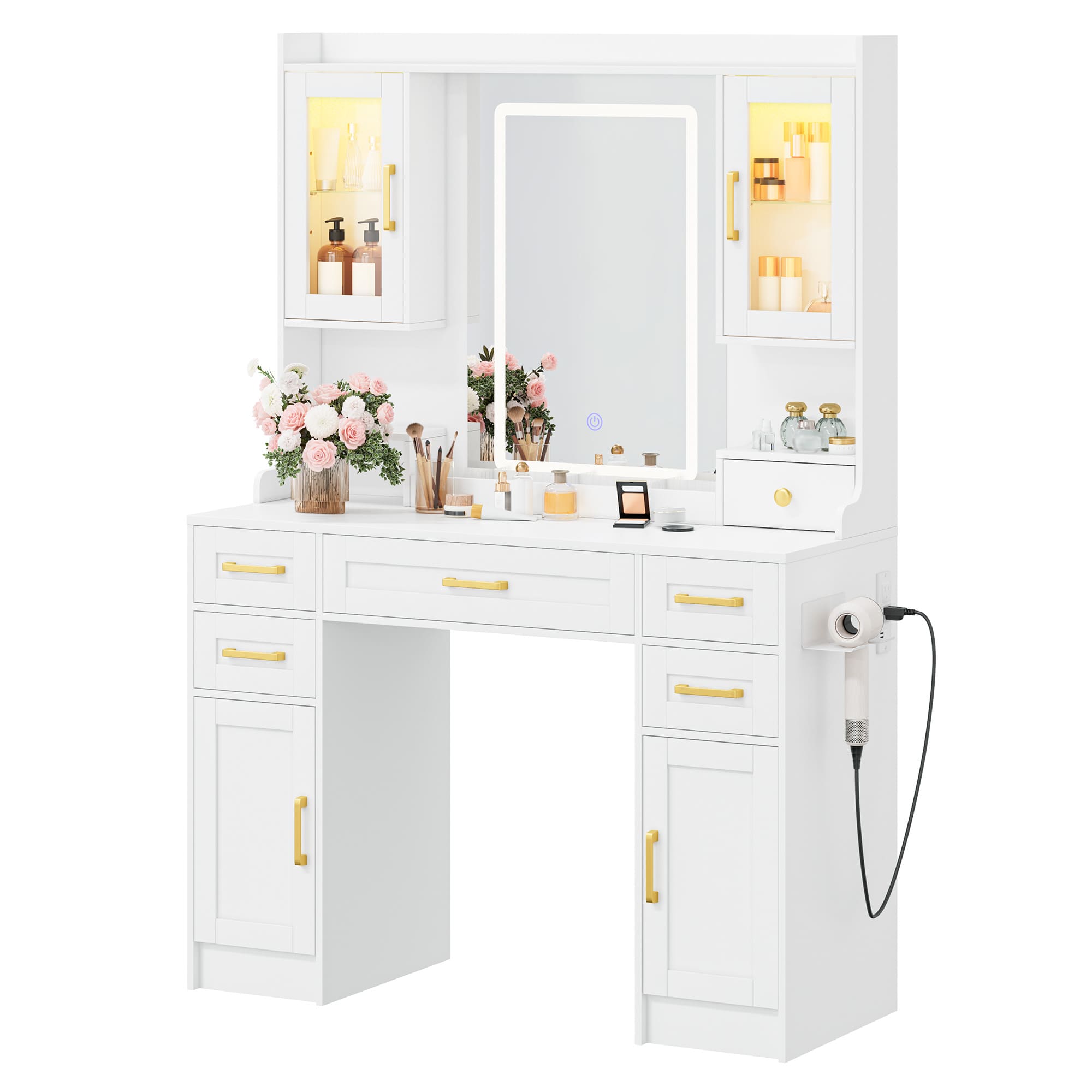 Vanity Desk with Large Mirror and Lights, Makeup Vanity with Charging Station, 5 Drawers & 4 Storage, 3 Lighting Color Adjustable, White Vanity Desk for Bedroom