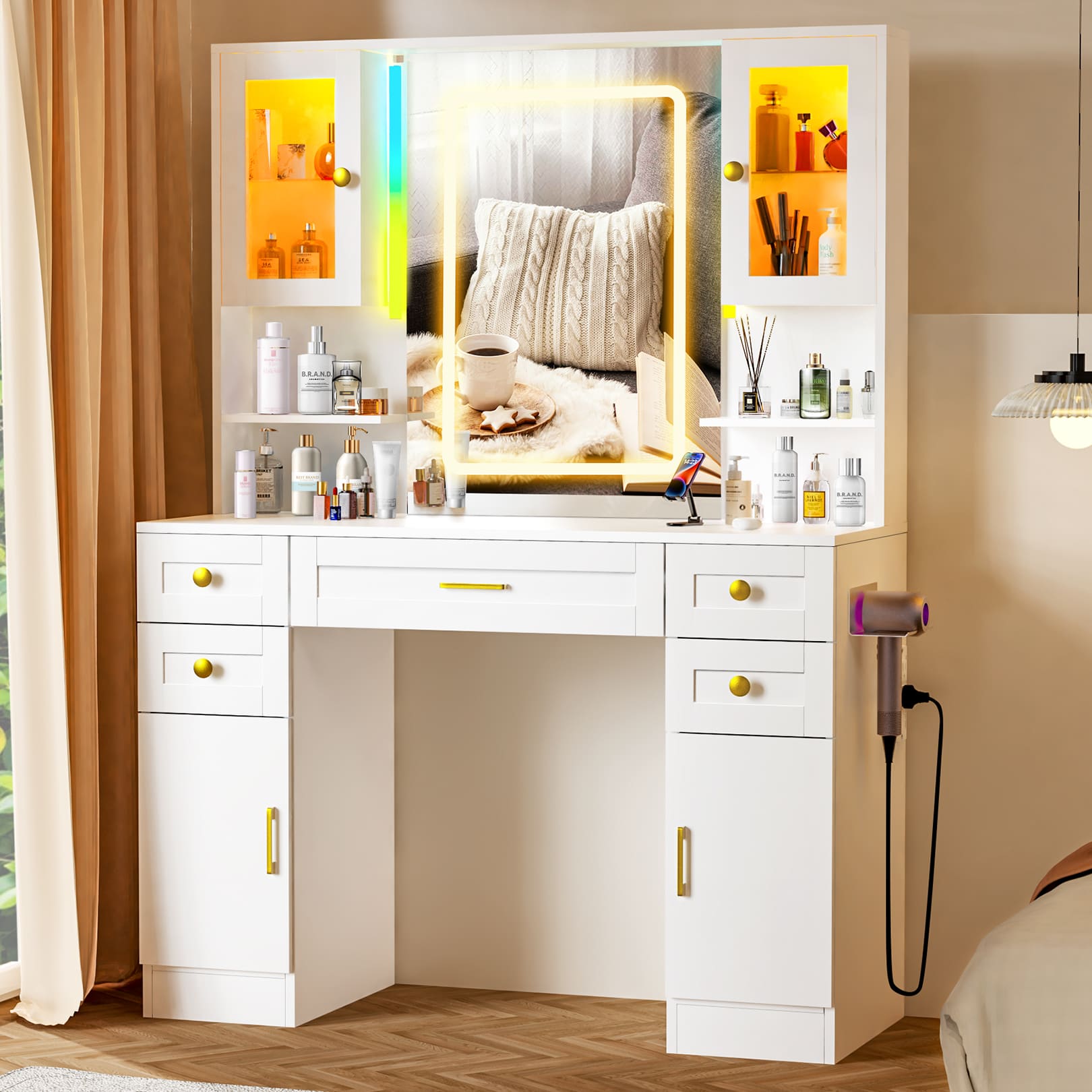 Makeup Vanity Mirror with 16 RGB Colors Light, Large Women Vanity Desk with Touch Screen Mirror & Power Outlet, 4 Cabinet, 2 Shelves & 5 Drawers for Bedroom