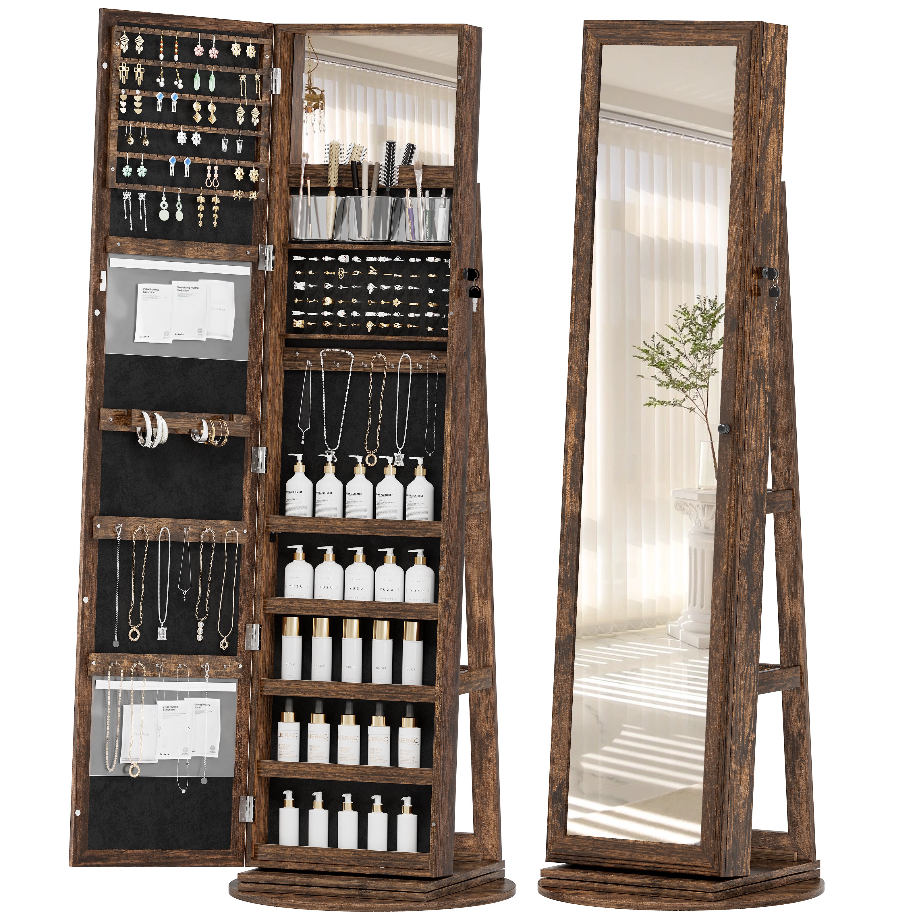 LHBcraft Standing Jewelry Cabinet with Full-Length Mirror