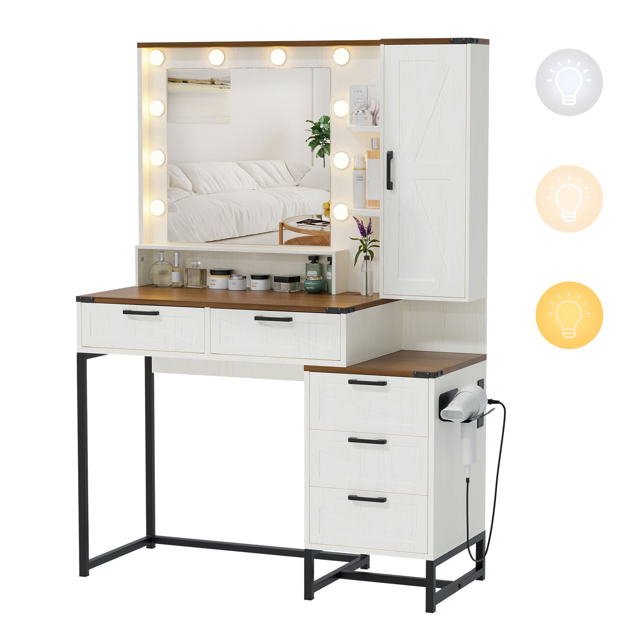 Vanity Desk with Large Mirror and Lights, Makeup Vanity with Charging Station, 5 Large Drawers & 4 Storage, 3 Lighting Color Adjustable, Dressing Table Set for Bedroom