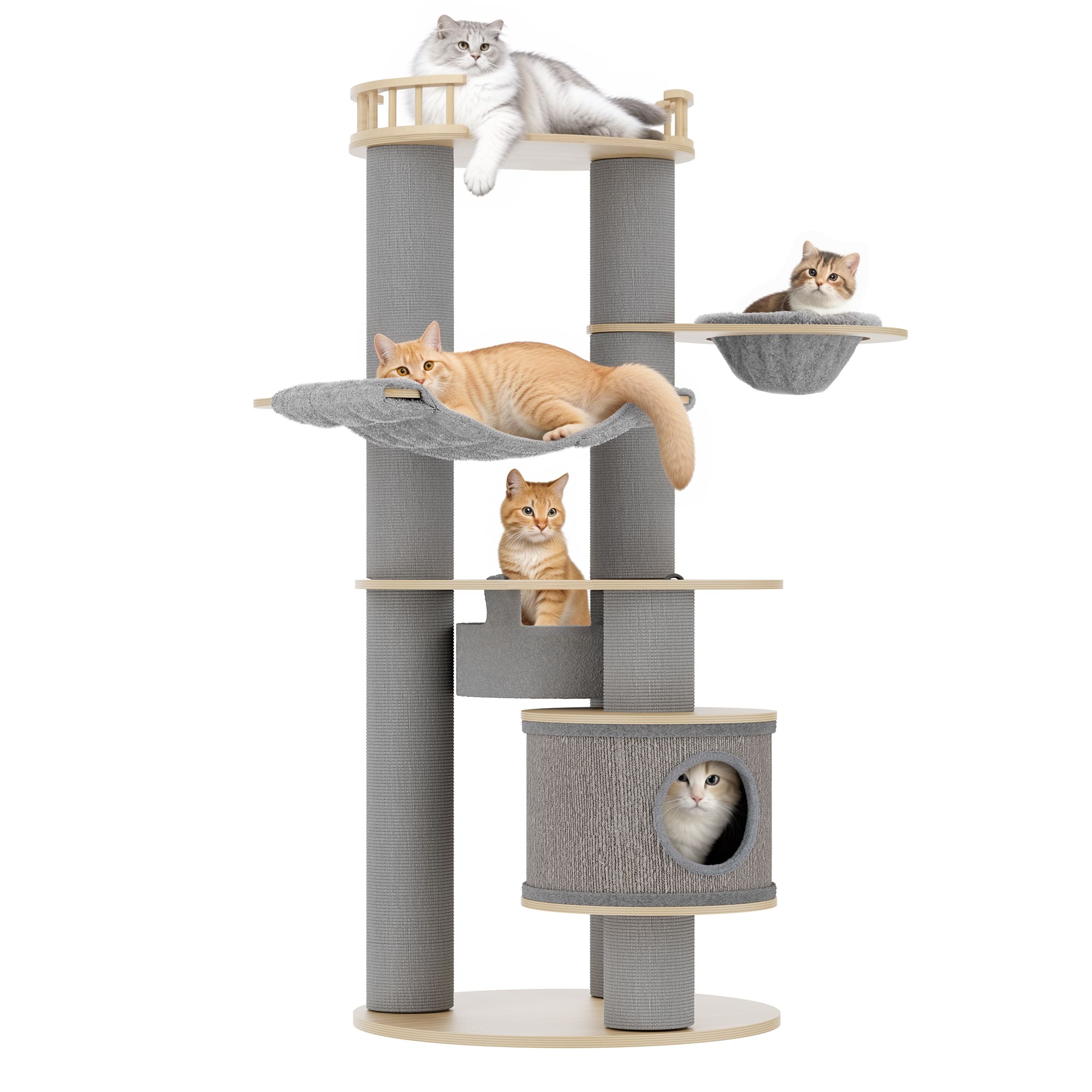 Multi-tiered cat tower featuring cozy hideaways and sisal scratching posts