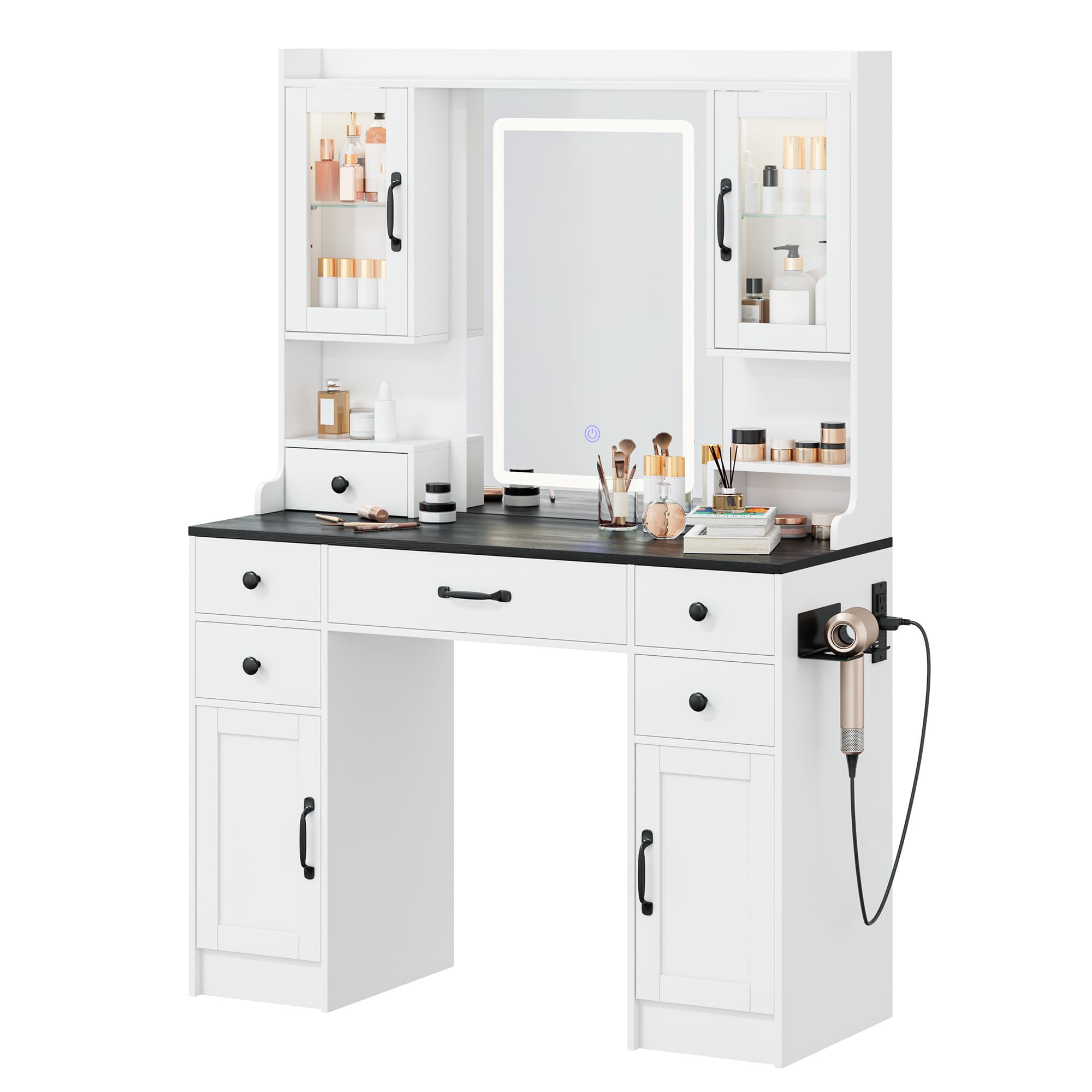 Vanity Desk with Large Mirror and Lights, Makeup Vanity with Charging Station, 5 Drawers & 4 Storage, 3 Lighting Color Adjustable, White Vanity Desk for Bedroom