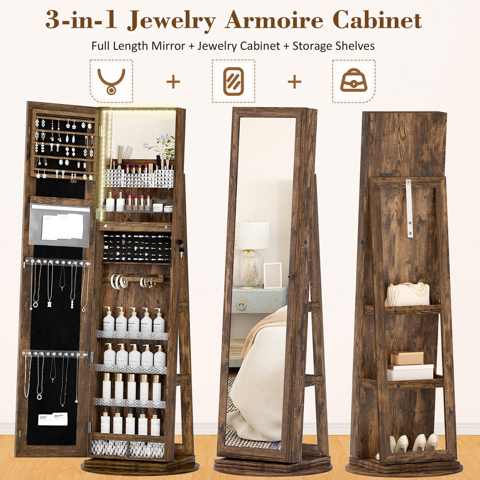 LHBcraft Jewelry Cabinet with Full-Length Mirror and Makeup Mirror