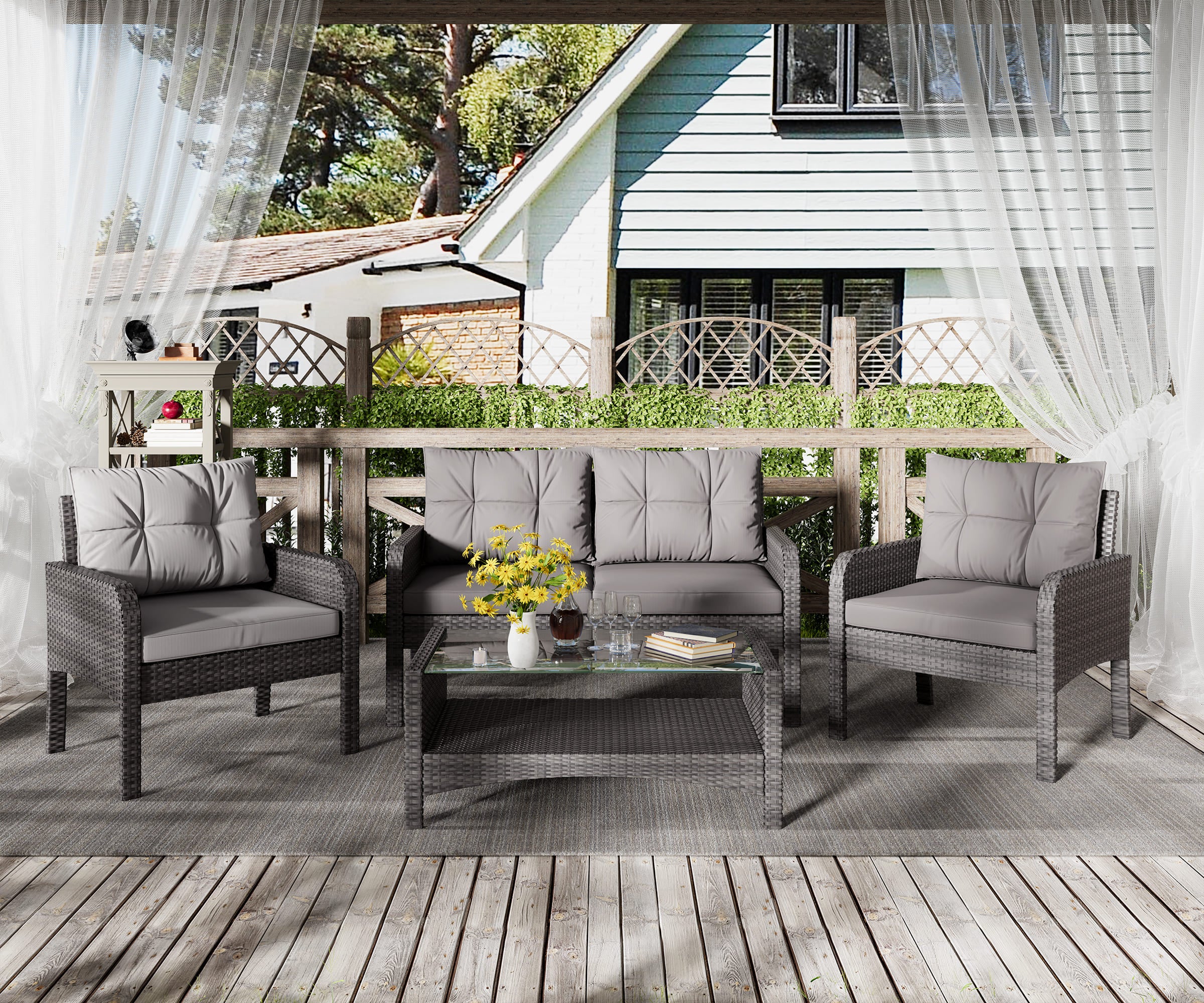 LHBcraft 4 Pieces Rattan Sofa Set