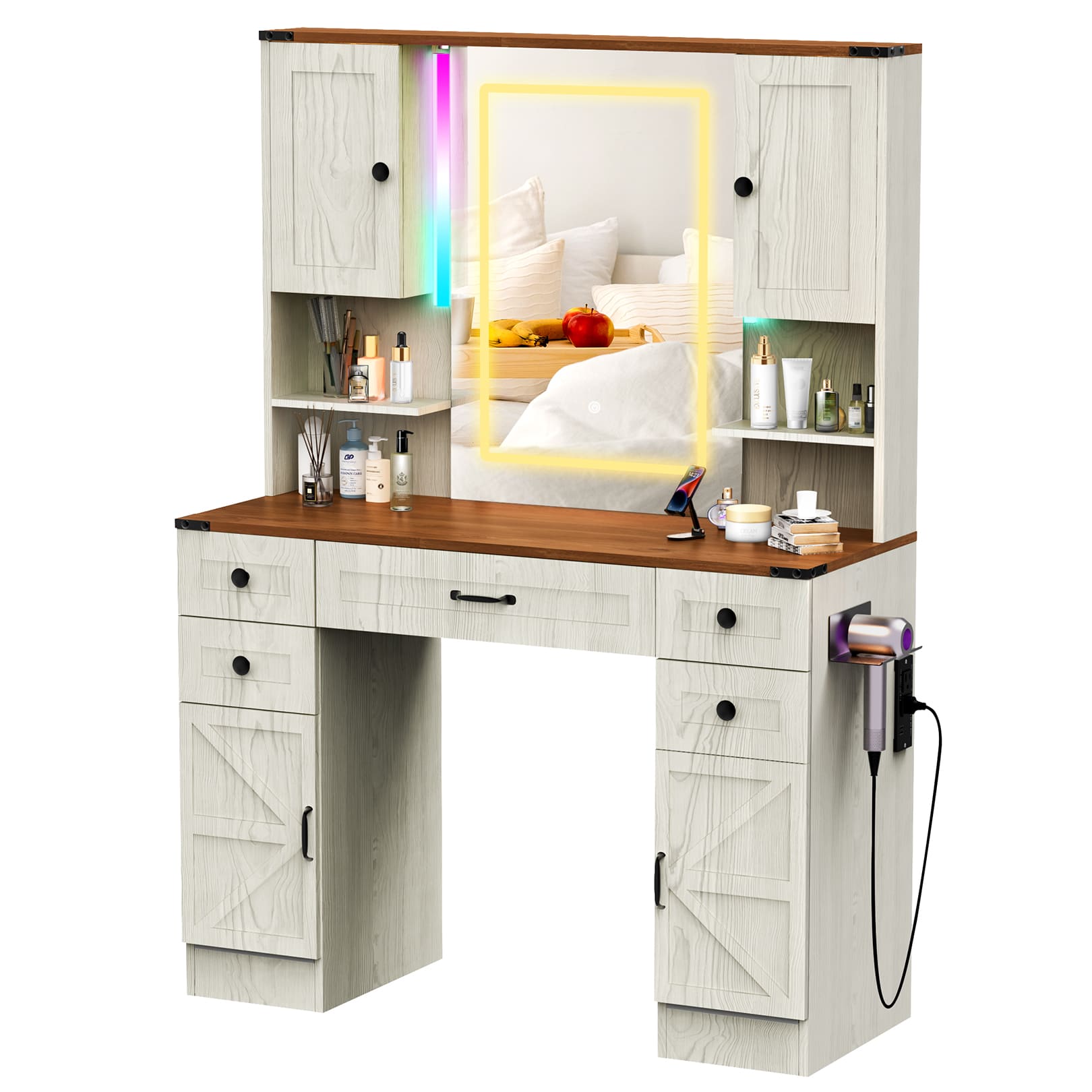 Makeup Vanity Mirror with 16 RGB Colors Light, Large Women Vanity Desk with Touch Screen Mirror & Power Outlet, 4 Cabinet, 2 Shelves & 5 Drawers for Bedroom