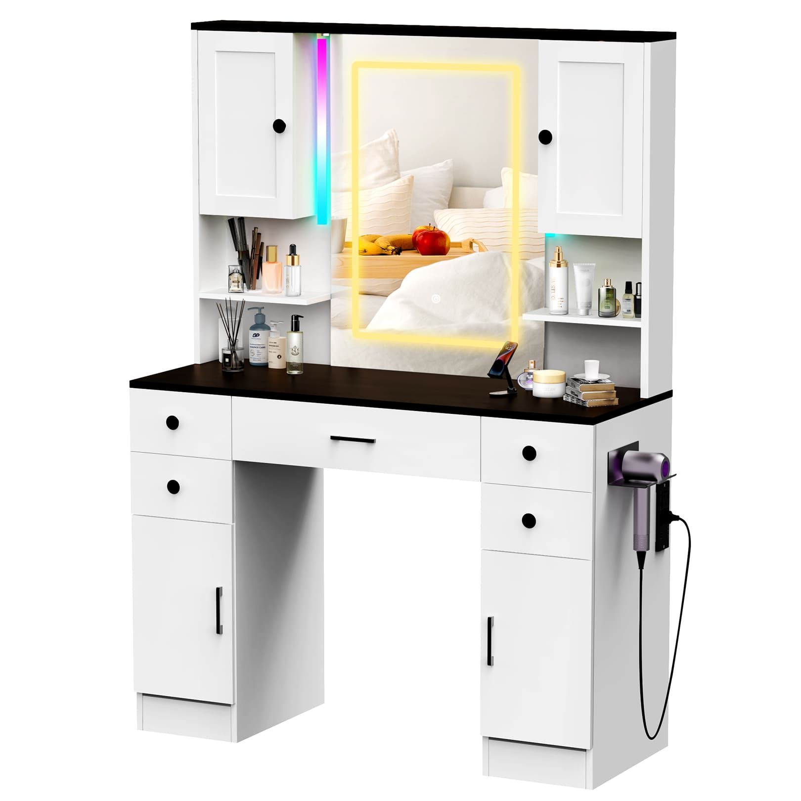 Makeup Vanity Mirror with 16 RGB Colors Light, Large Women Vanity Desk with Touch Screen Mirror & Power Outlet, 4 Cabinet, 2 Shelves & 5 Drawers for Bedroom