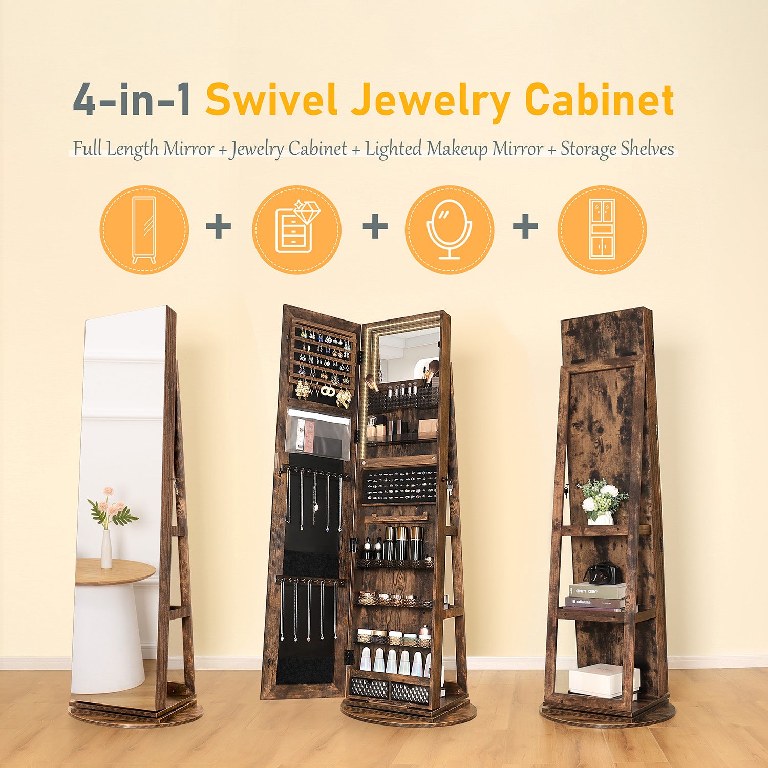 LHBcraft 3-in-1 Jewelry Cabinet: Full-Length Mirror, LED Lights