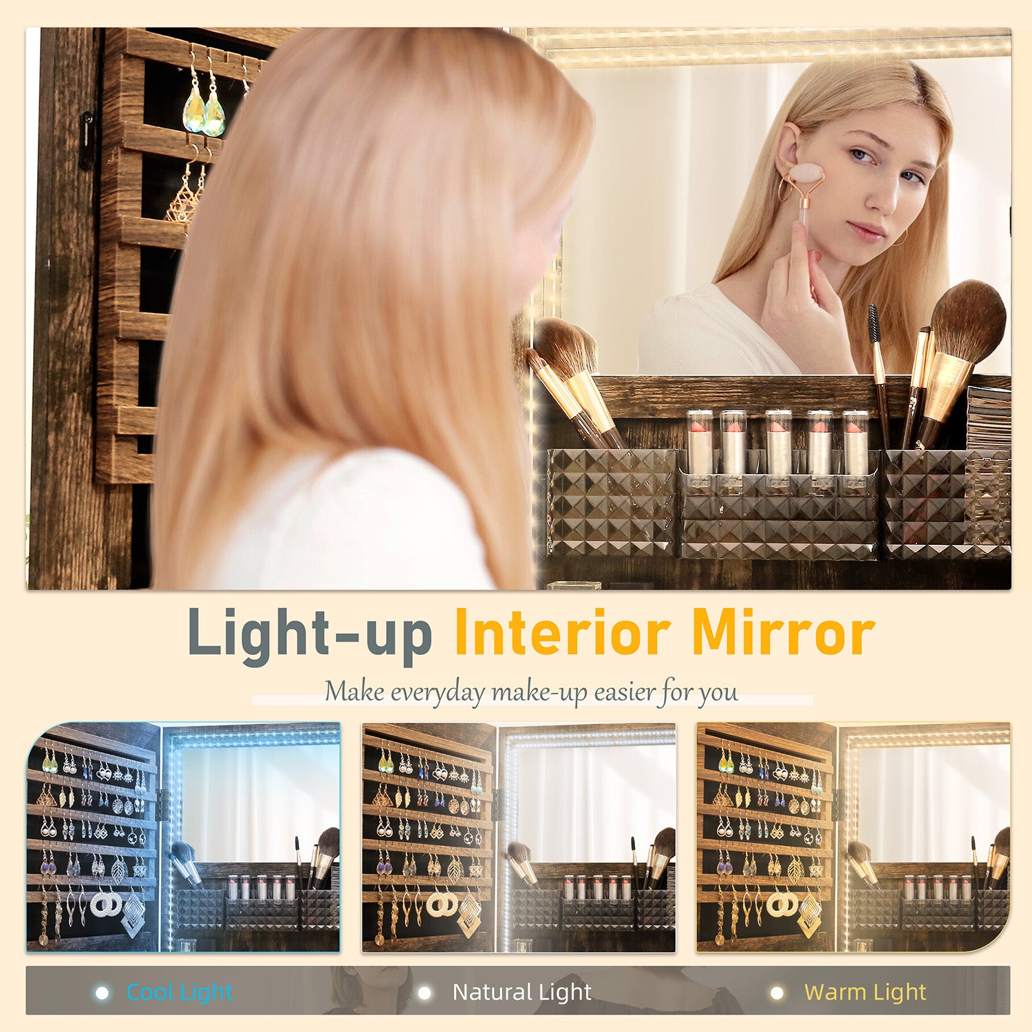 LHBcraft 3-in-1 Jewelry Cabinet: Full-Length Mirror, LED Lights