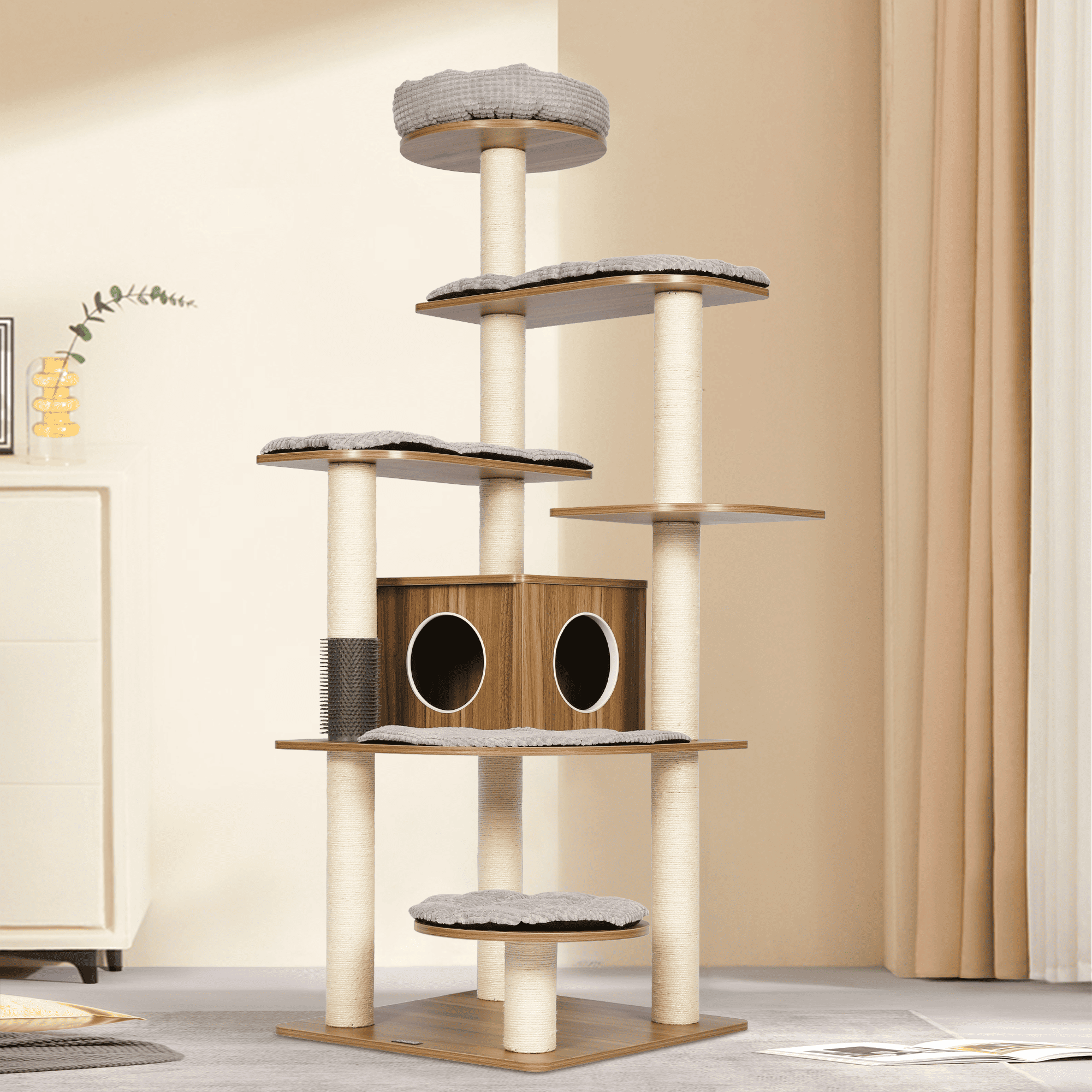 69.3-inch modern wooden cat tree with 7 tiers and cozy condo