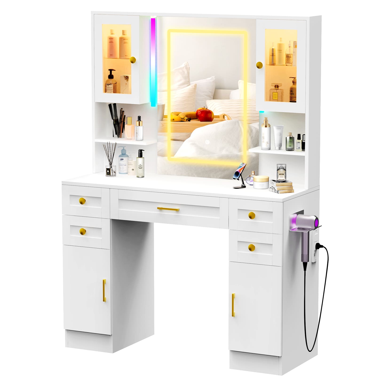 Makeup Vanity Mirror with 16 RGB Colors Light, Large Women Vanity Desk with Touch Screen Mirror & Power Outlet, 4 Cabinet, 2 Shelves & 5 Drawers for Bedroom