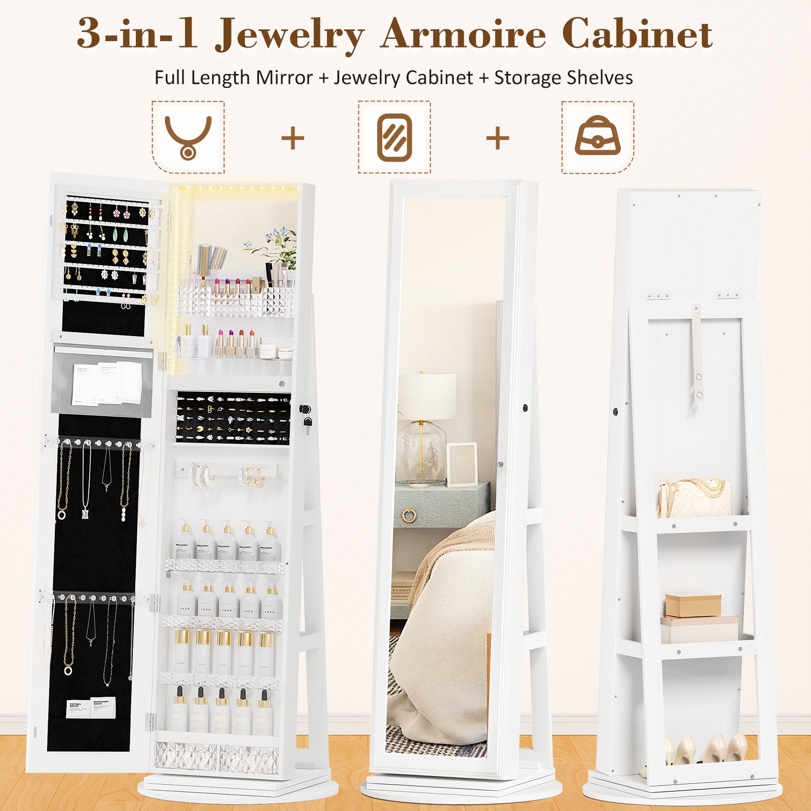 LHBcraft Jewelry Cabinet with Full-Length Mirror and Makeup Mirror