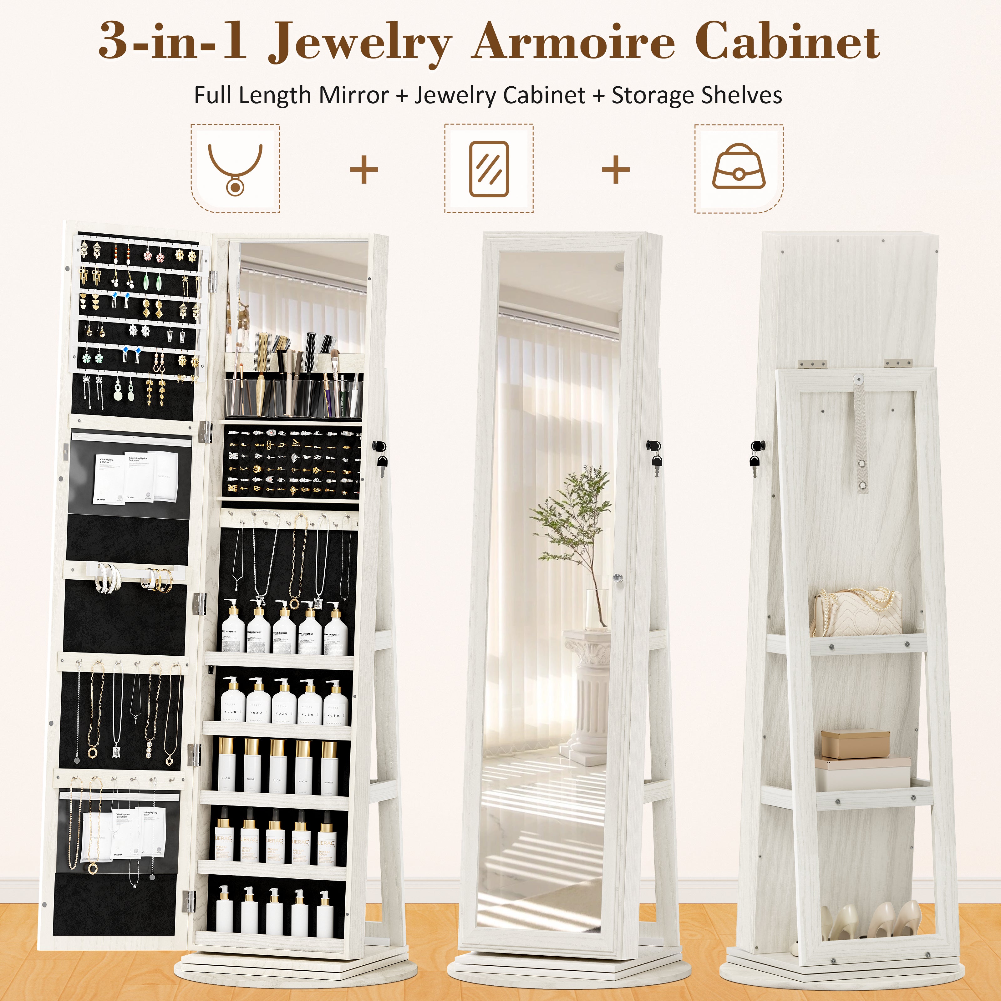 LHBcraft Standing Jewelry Cabinet with Full-Length Mirror