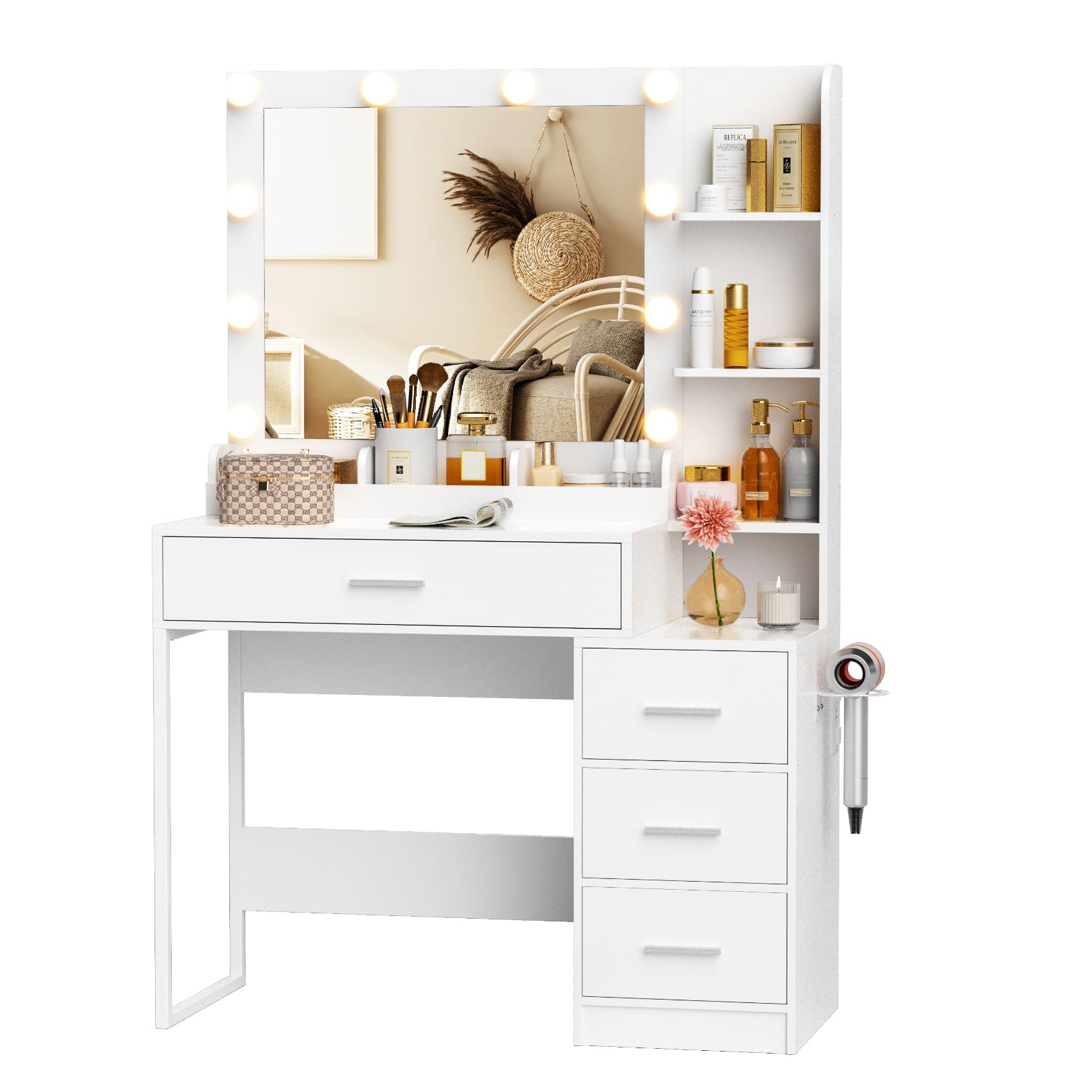 56.5" Makeup Vanity Desk with Mirror and Lights, Vanity Table Set with Charging Station, Makeup Vanity Desk with 4 Drawers and 3 Storage Shelves, 3 Lighting Colors