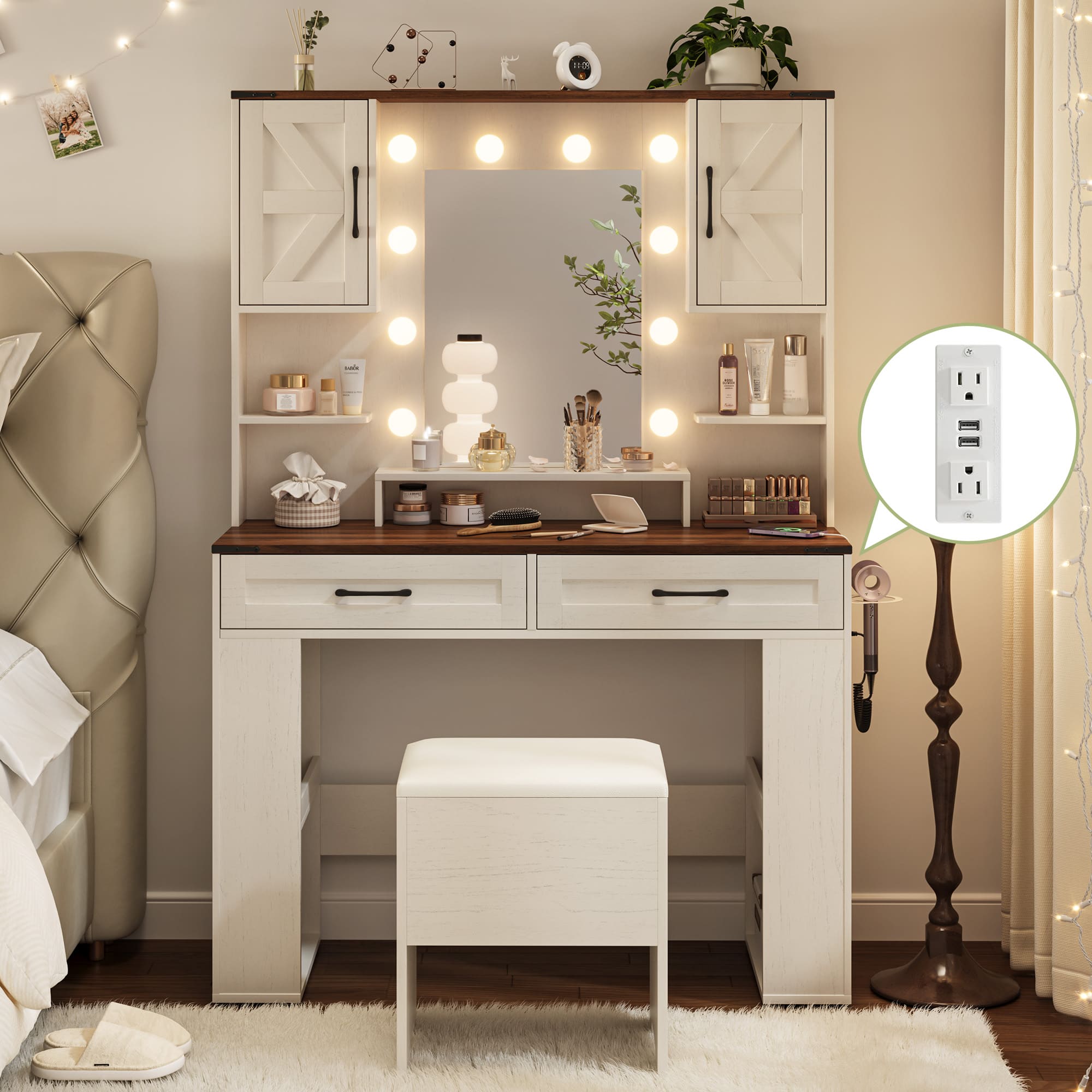 Makeup Vanity with Lighted Mirror Bedroom Vanity Desk with Charging Station Large Vanity Set with Transparent Desk, Drawers, Cabinet, Shelves for Storage in Bedroom