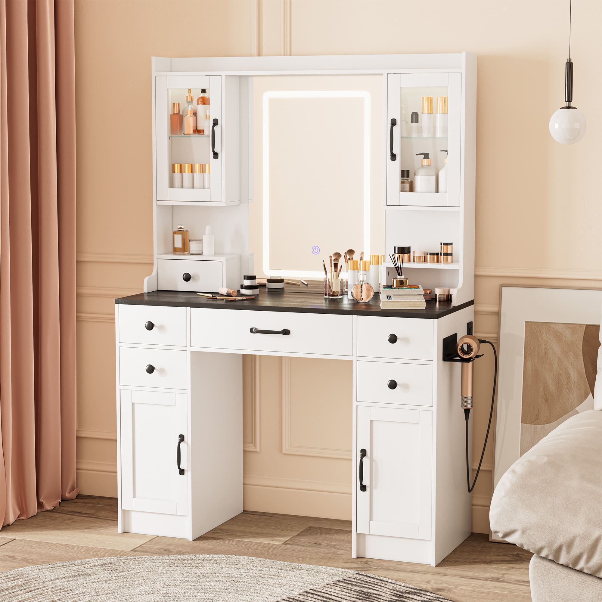 Vanity Desk with Large Mirror and Lights, Makeup Vanity with Charging Station, 5 Drawers & 4 Storage, 3 Lighting Color Adjustable, White Vanity Desk for Bedroom