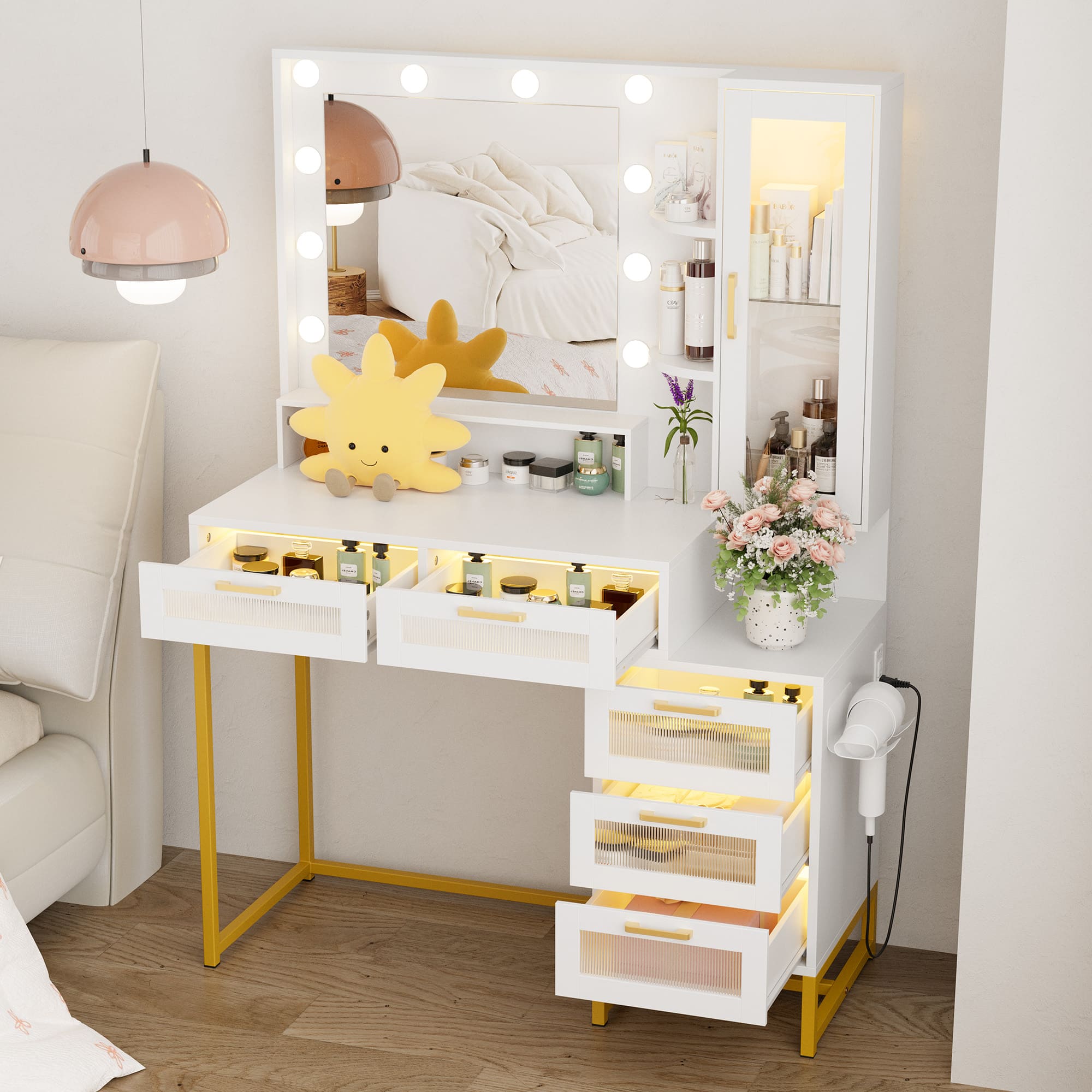 Vanity Desk with Large Mirror and Lights, Makeup Vanity with Charging Station, 5 Large Drawers & 4 Storage, 3 Lighting Color Adjustable, Dressing Table Set for Bedroom