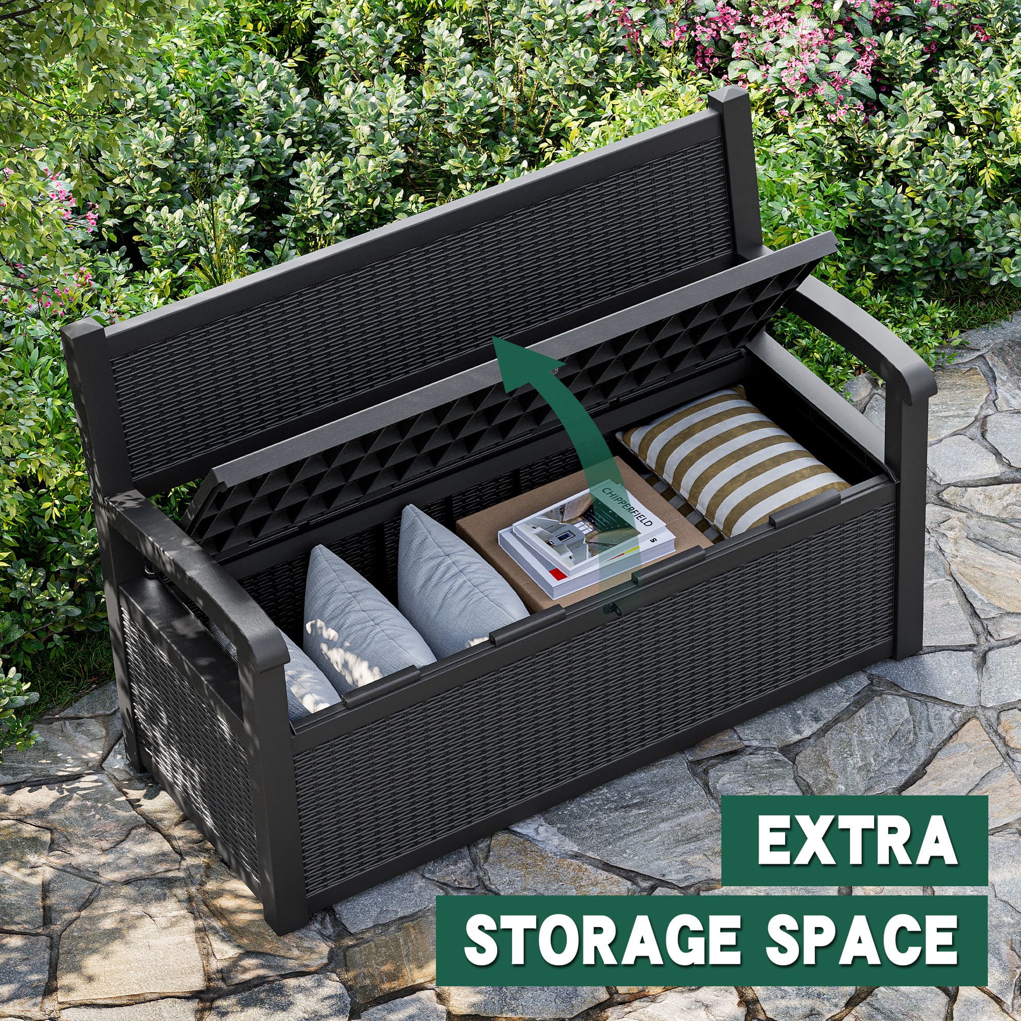 70 Gal Outdoor Storage Bench, Outdoor Storage Box Waterproof Design with Pre-Lock Feature, Deck Box Perfect for Patio Storage