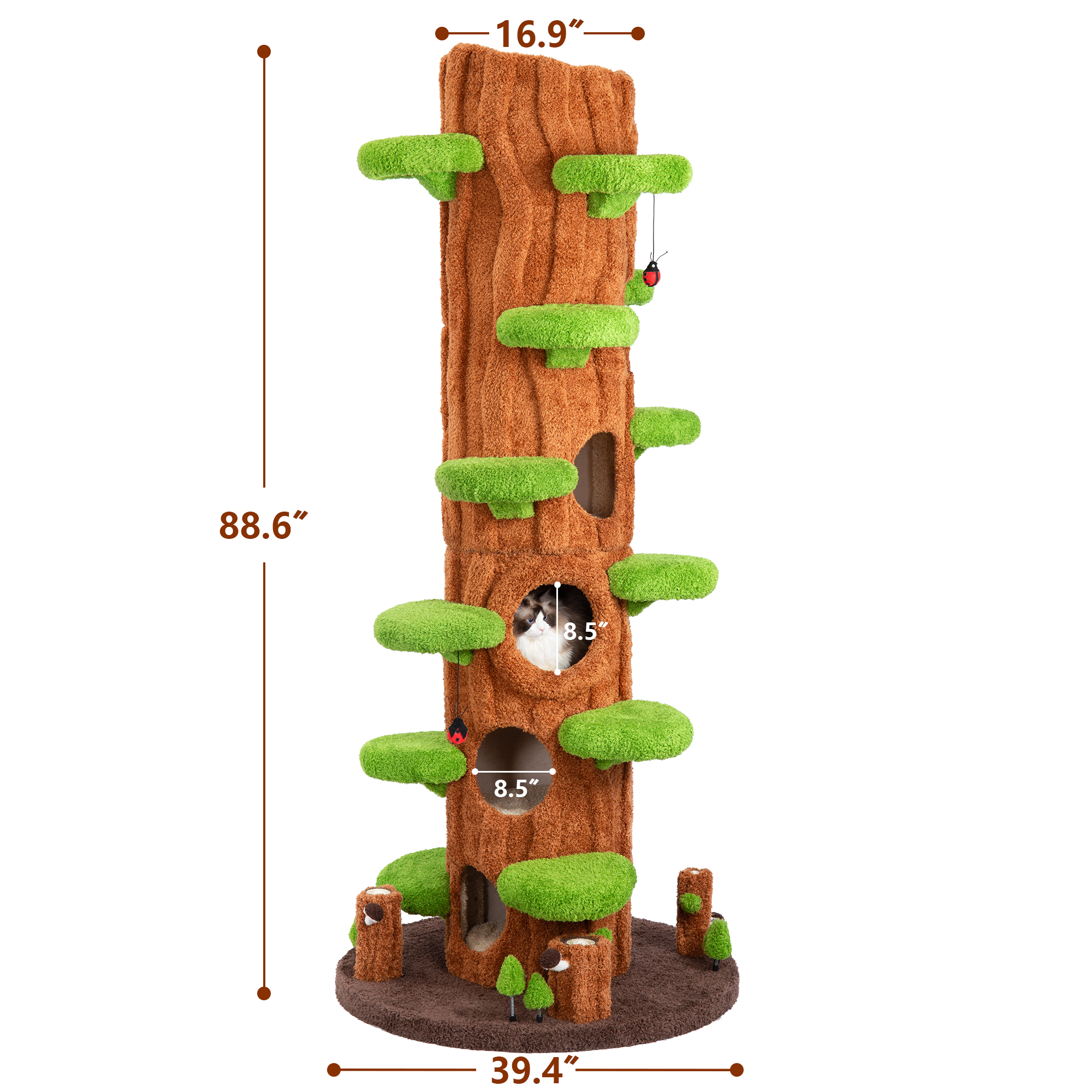 Tall cat tower featuring sisal scratching board and cozy condos