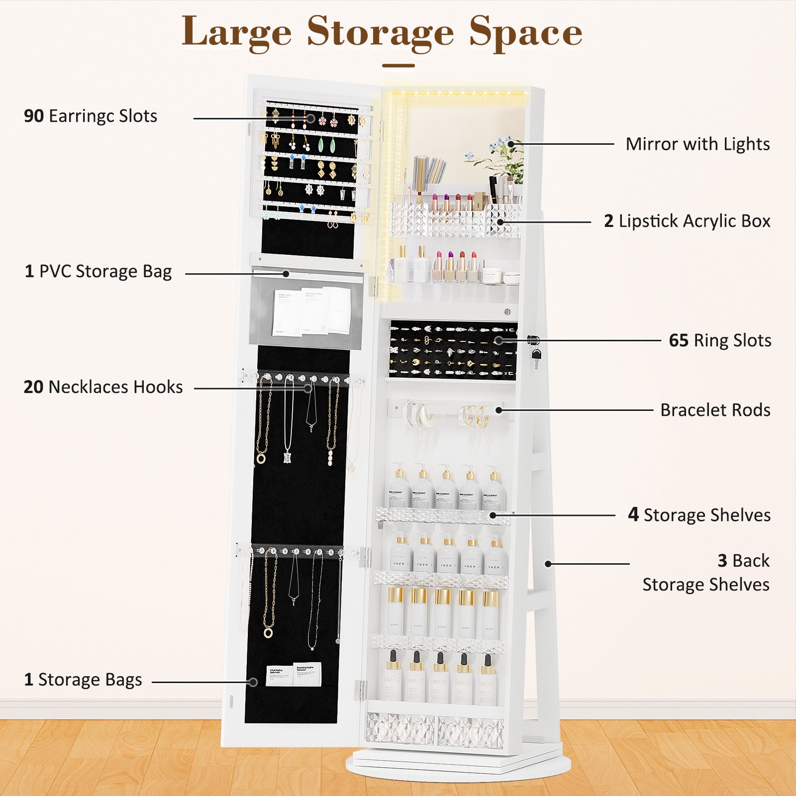 LHBcraft Jewelry Cabinet with Full-Length Mirror and Makeup Mirror