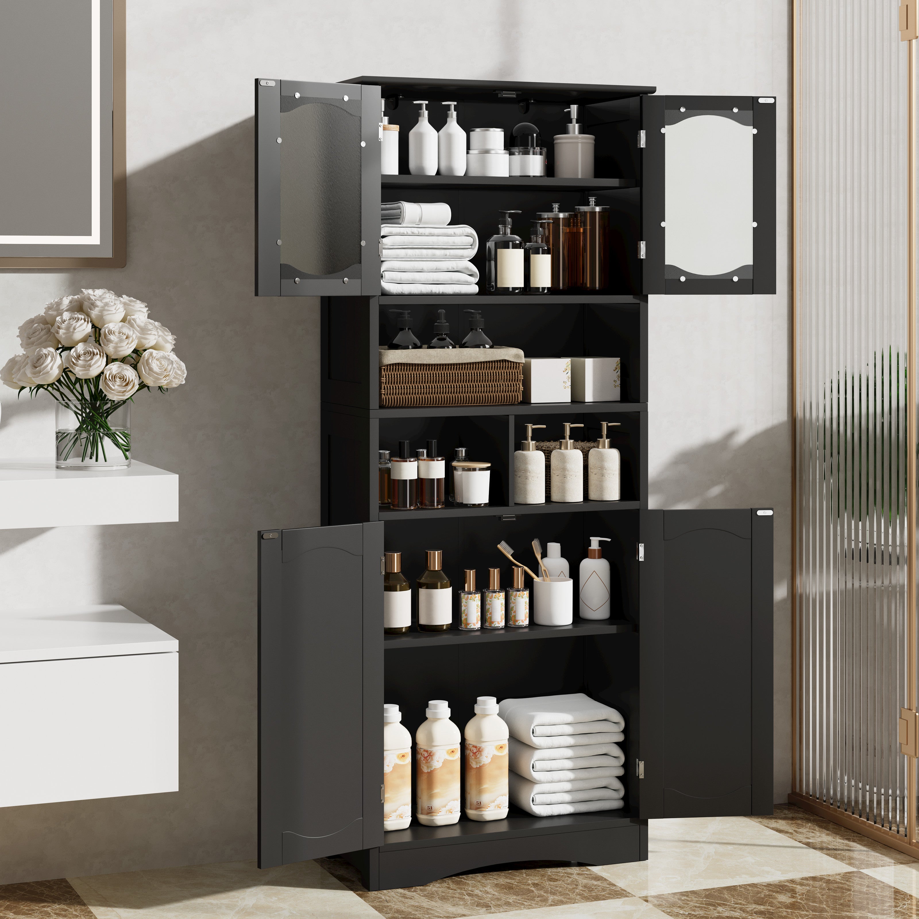 Tall Freestanding Bathroom Cabinet, Storage Cabinet with Adjustable Shelves