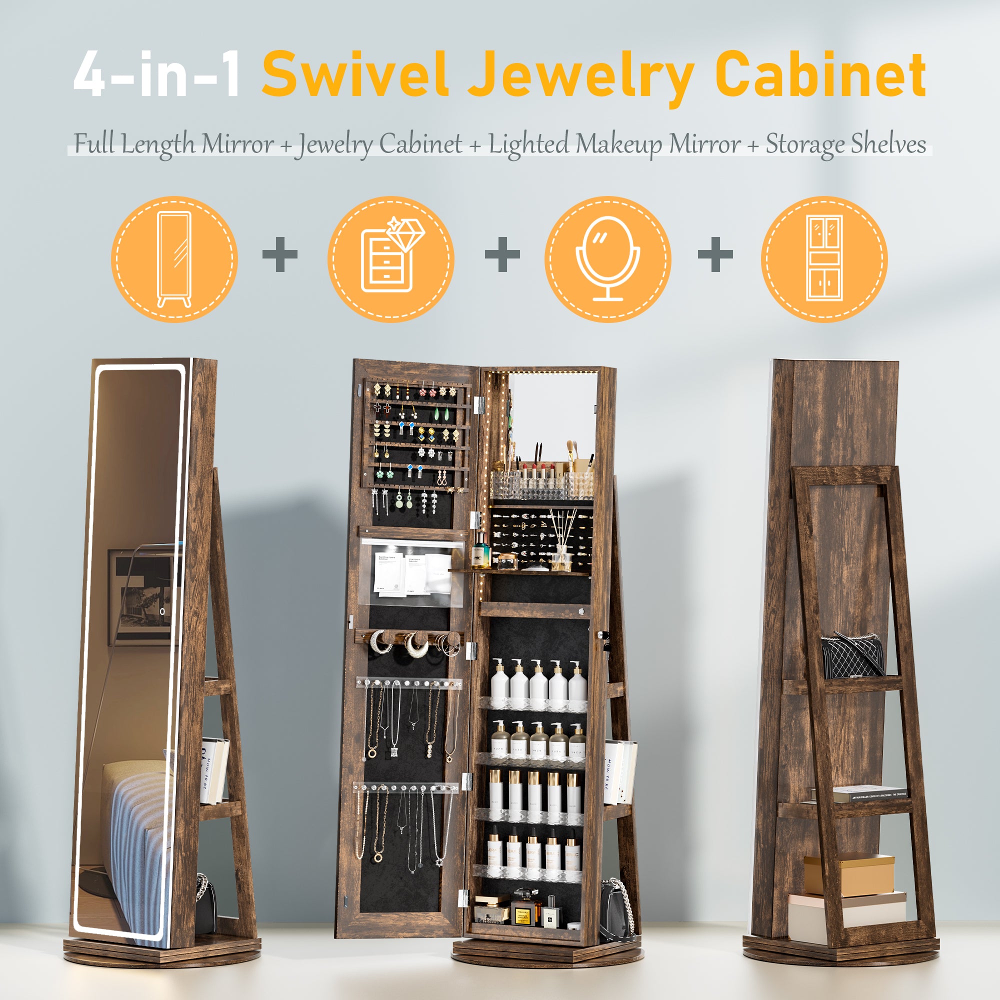 LHBcraft LED Mirror Jewelry Cabinet Standing with Adjustable LED Lights