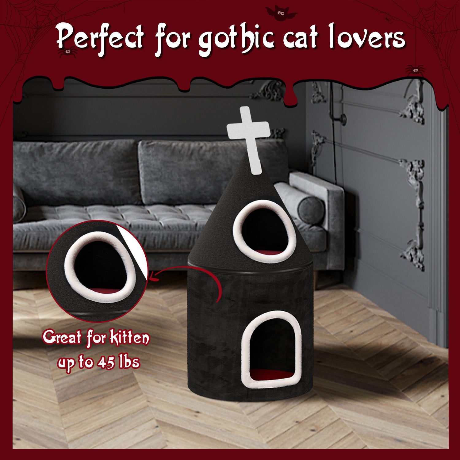 Gothic Cat Tower with bunkhouse 34''H