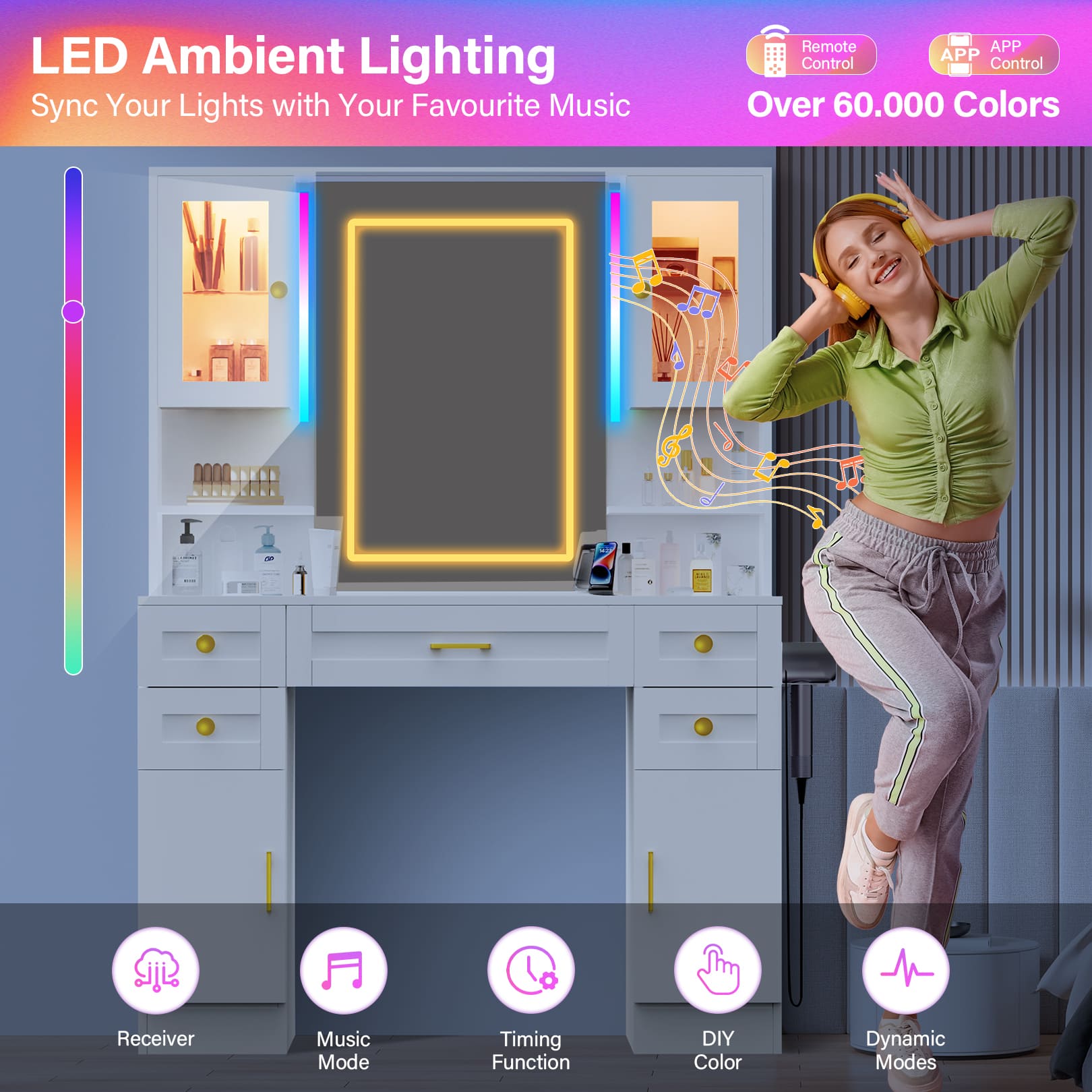 Makeup Vanity Mirror with 16 RGB Colors Light, Large Women Vanity Desk with Touch Screen Mirror & Power Outlet, 4 Cabinet, 2 Shelves & 5 Drawers for Bedroom