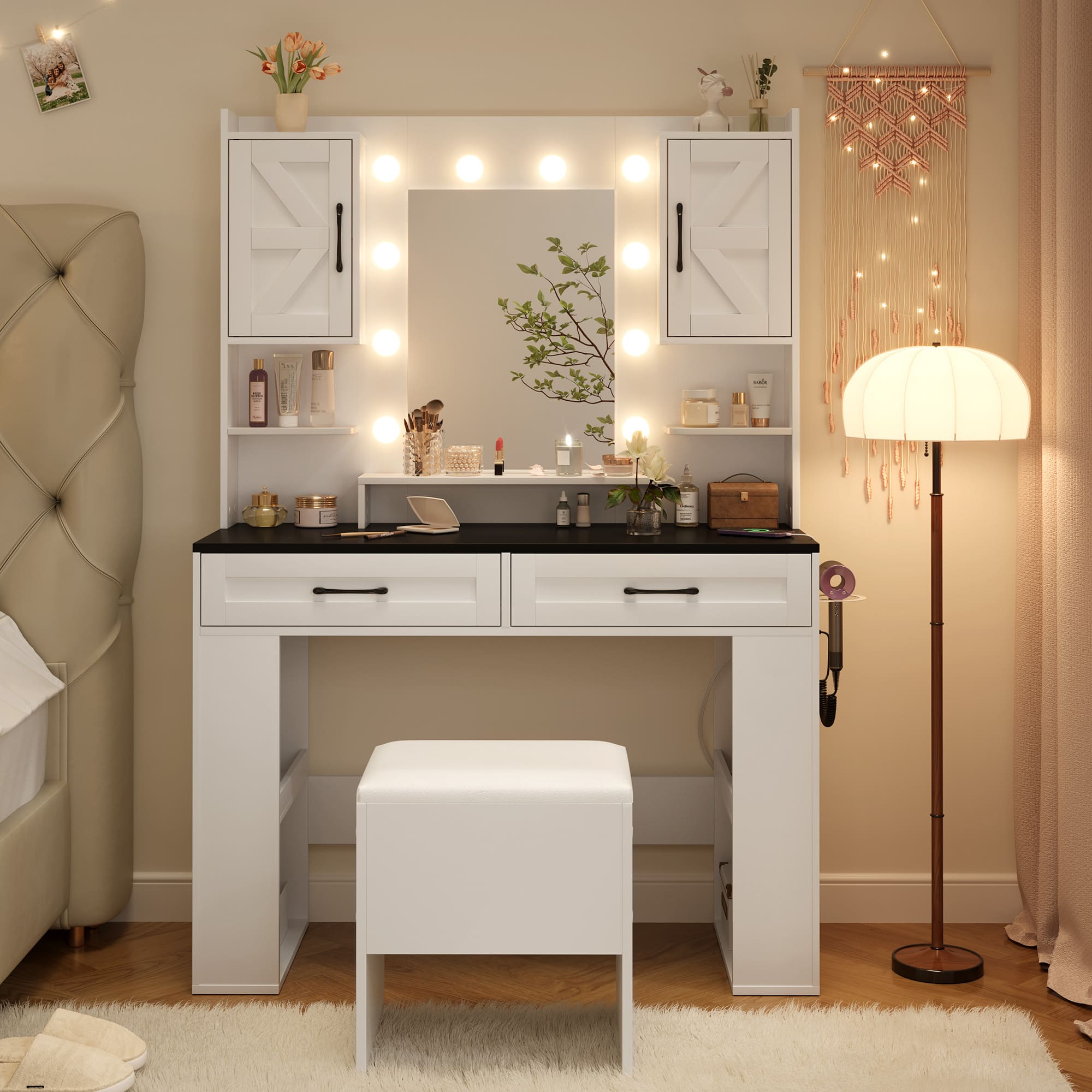 Makeup Vanity with Lighted Mirror Bedroom Vanity Desk with Charging Station Large Vanity Set with Transparent Desk, Drawers, Cabinet, Shelves for Storage in Bedroom