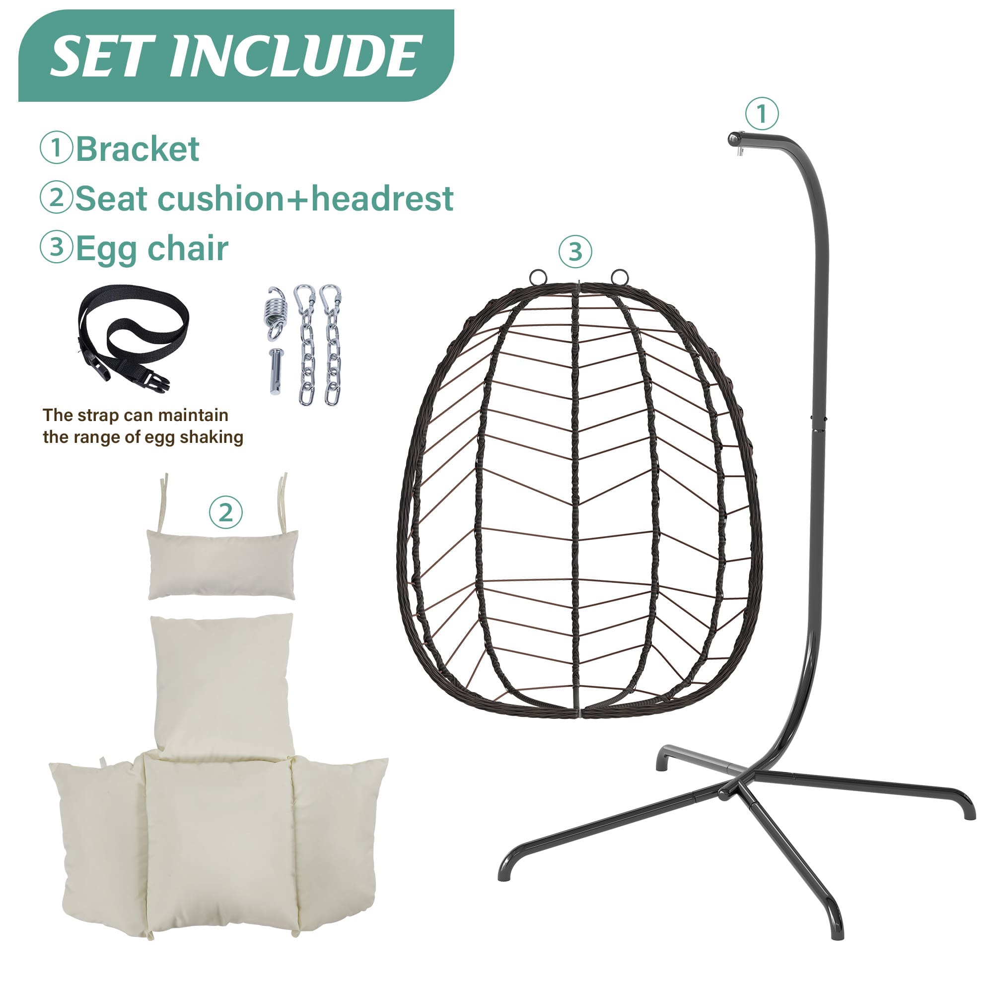 Egg chair set with bracket, seat cushion, headrest, and stand