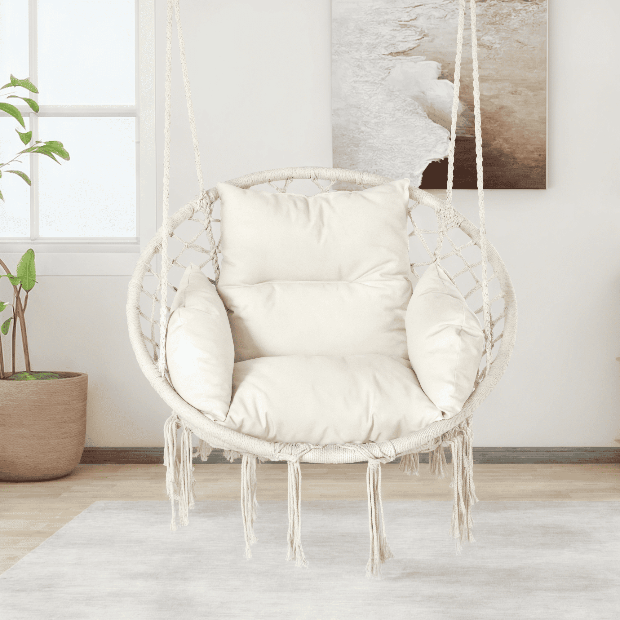 White hanging hammock chair with cushion, supports up to 330 lbs – indoor and outdoor use