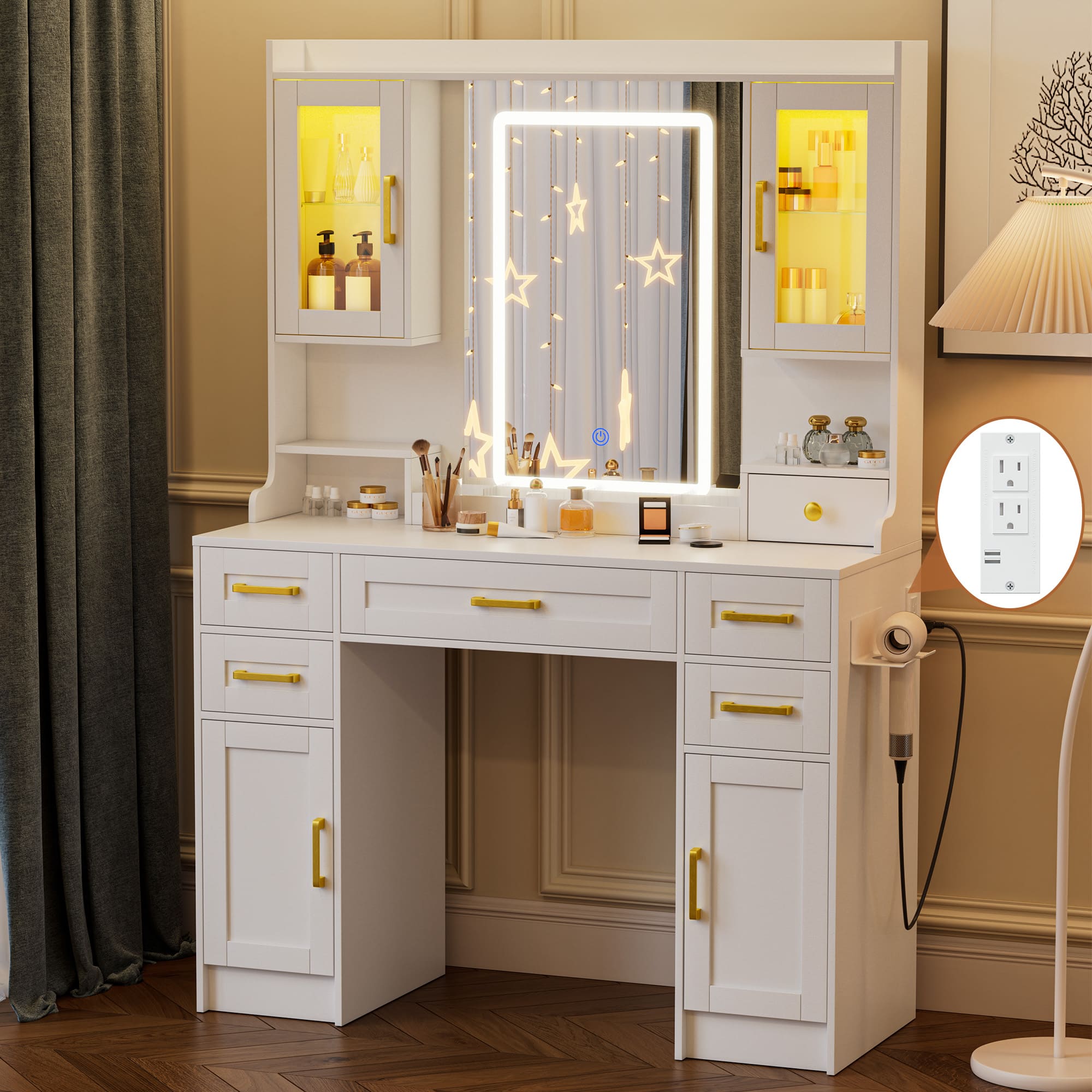 Vanity Desk with Large Mirror and Lights, Makeup Vanity with Charging Station, 5 Drawers & 4 Storage, 3 Lighting Color Adjustable, White Vanity Desk for Bedroom