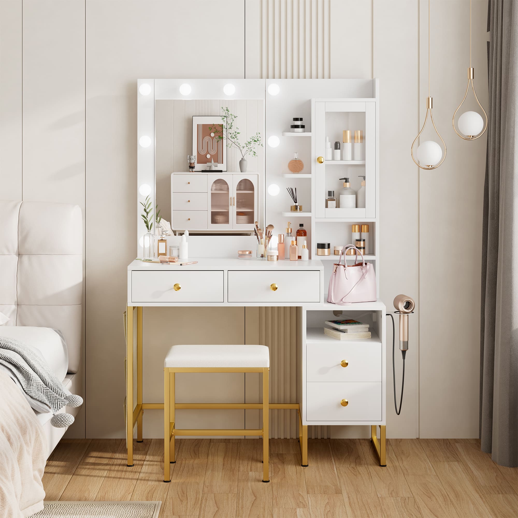 Makeup Vanity Desk with Sliding LED Lighted Mirror