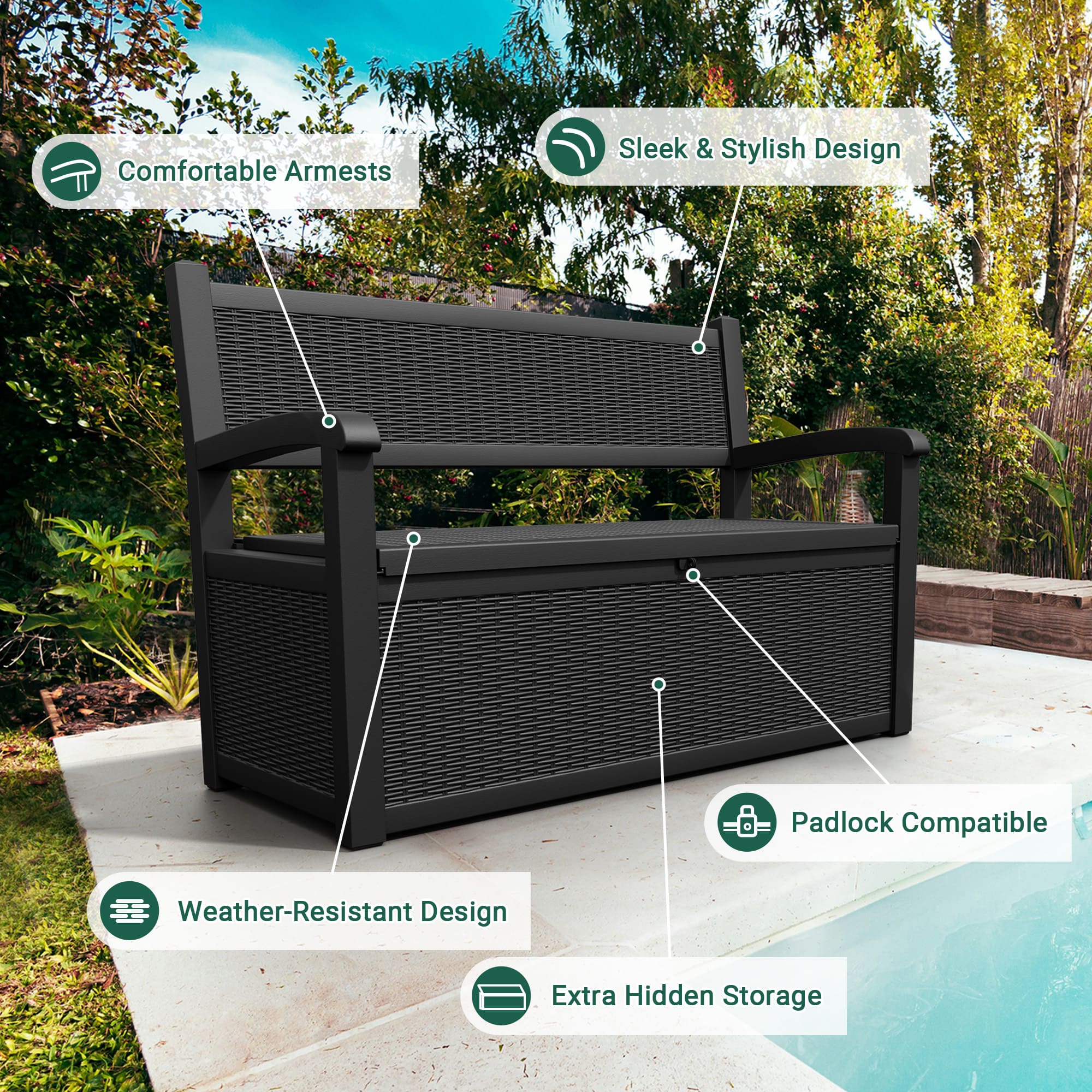 70 Gal Outdoor Storage Bench, Outdoor Storage Box Waterproof Design with Pre-Lock Feature, Deck Box Perfect for Patio Storage