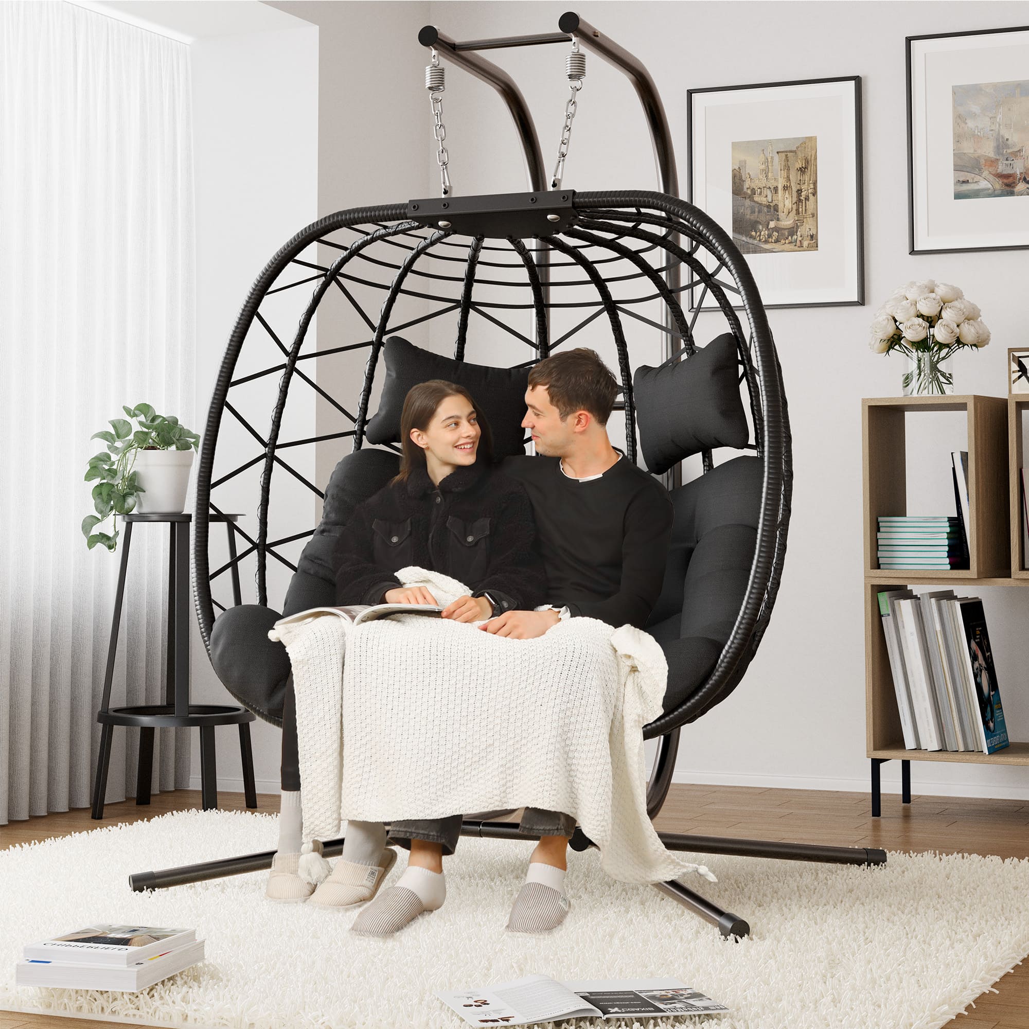 Double Wicker Swing Chair for Patio